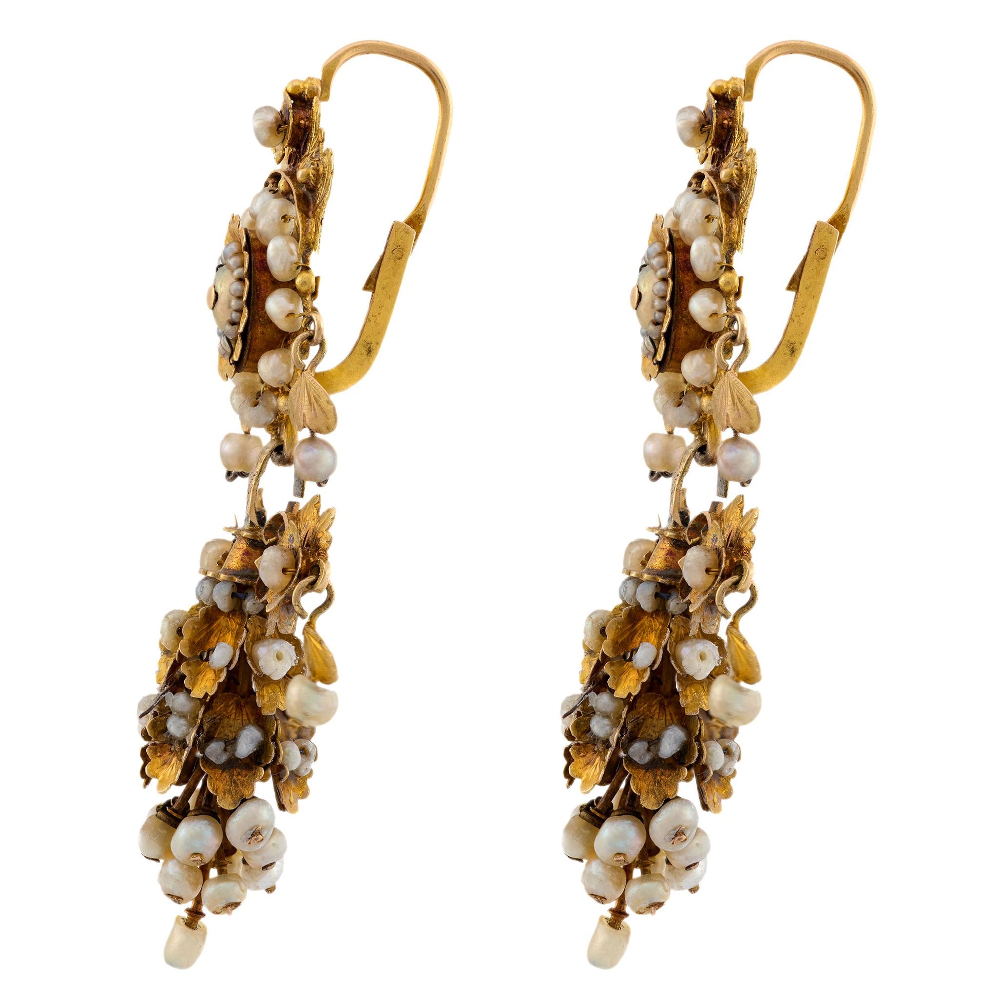 Georgian French 18k Seed Pearl Chandelier Earrings