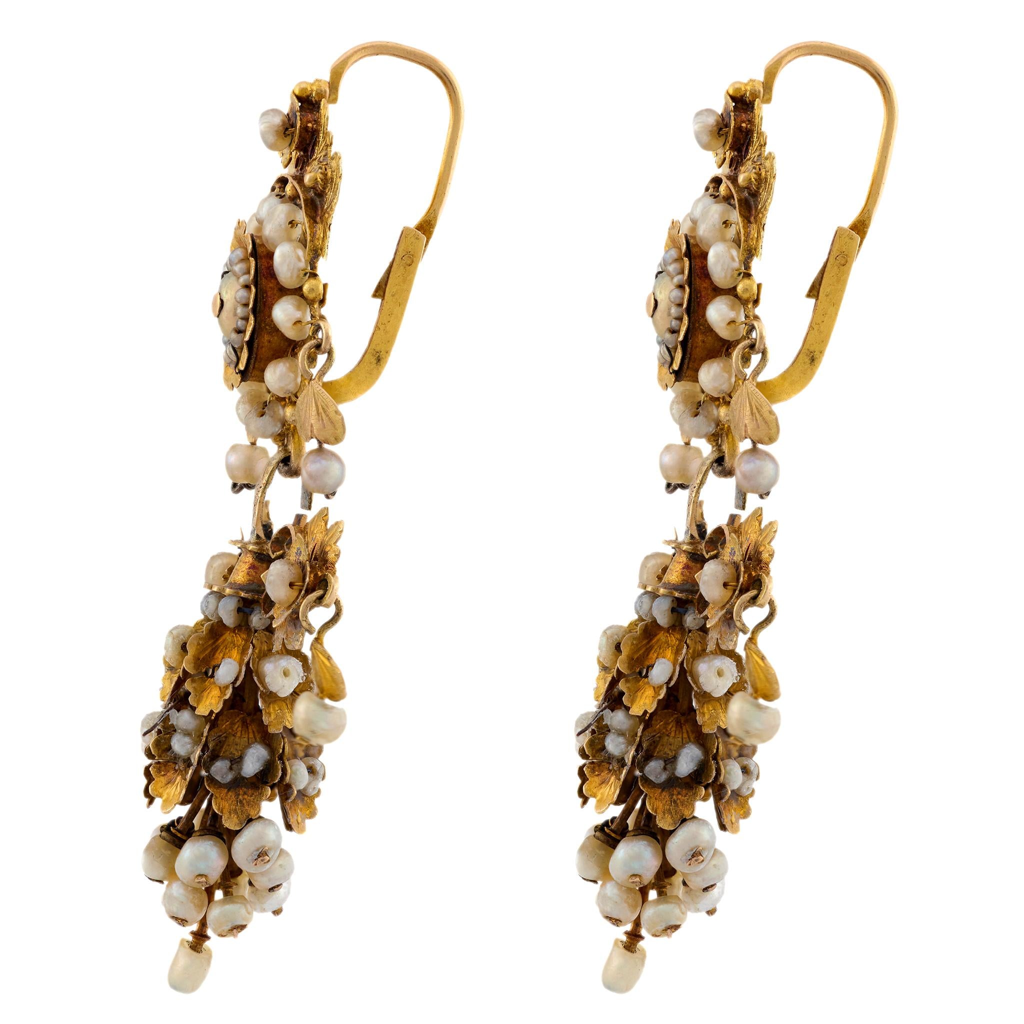 Georgian French 18k Seed Pearl Chandelier Earrings