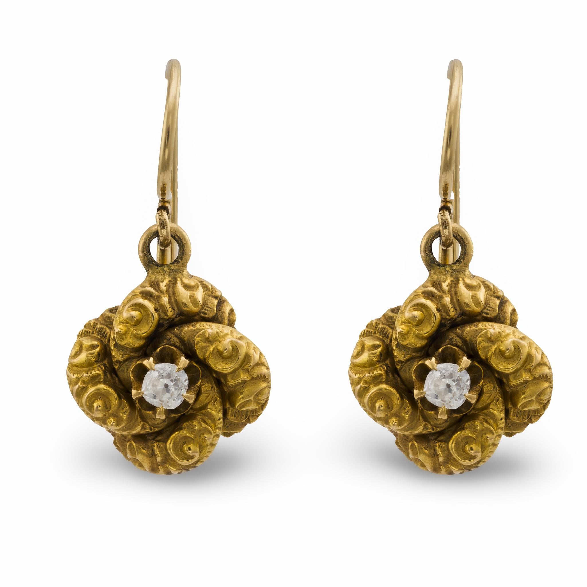Victorian 14k Diamond Repoussé Love Knot Earrings