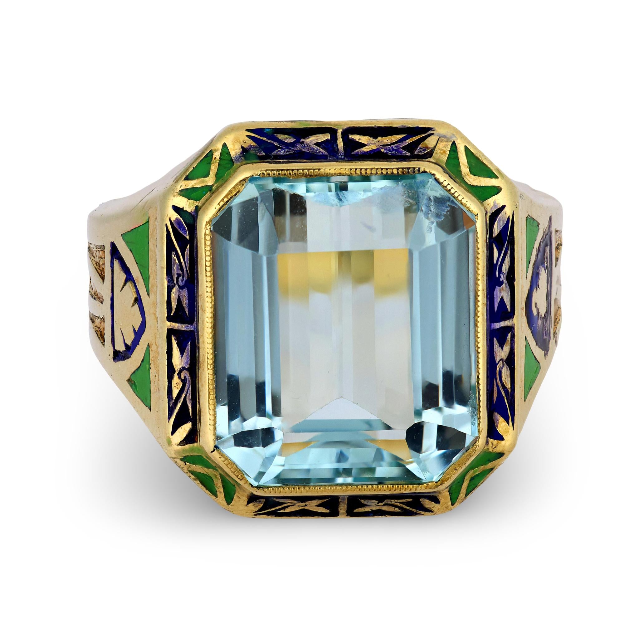 Art Deco 14k Aqua Enamel Cocktail Ring