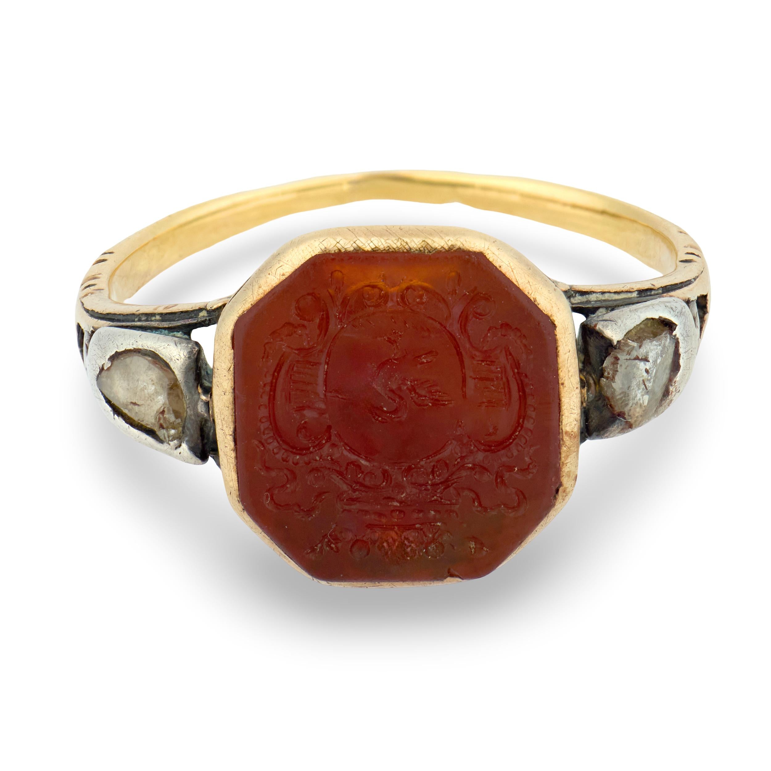 Georgian 14k/Sterling Silver Carnelian & Diamond Signet Ring