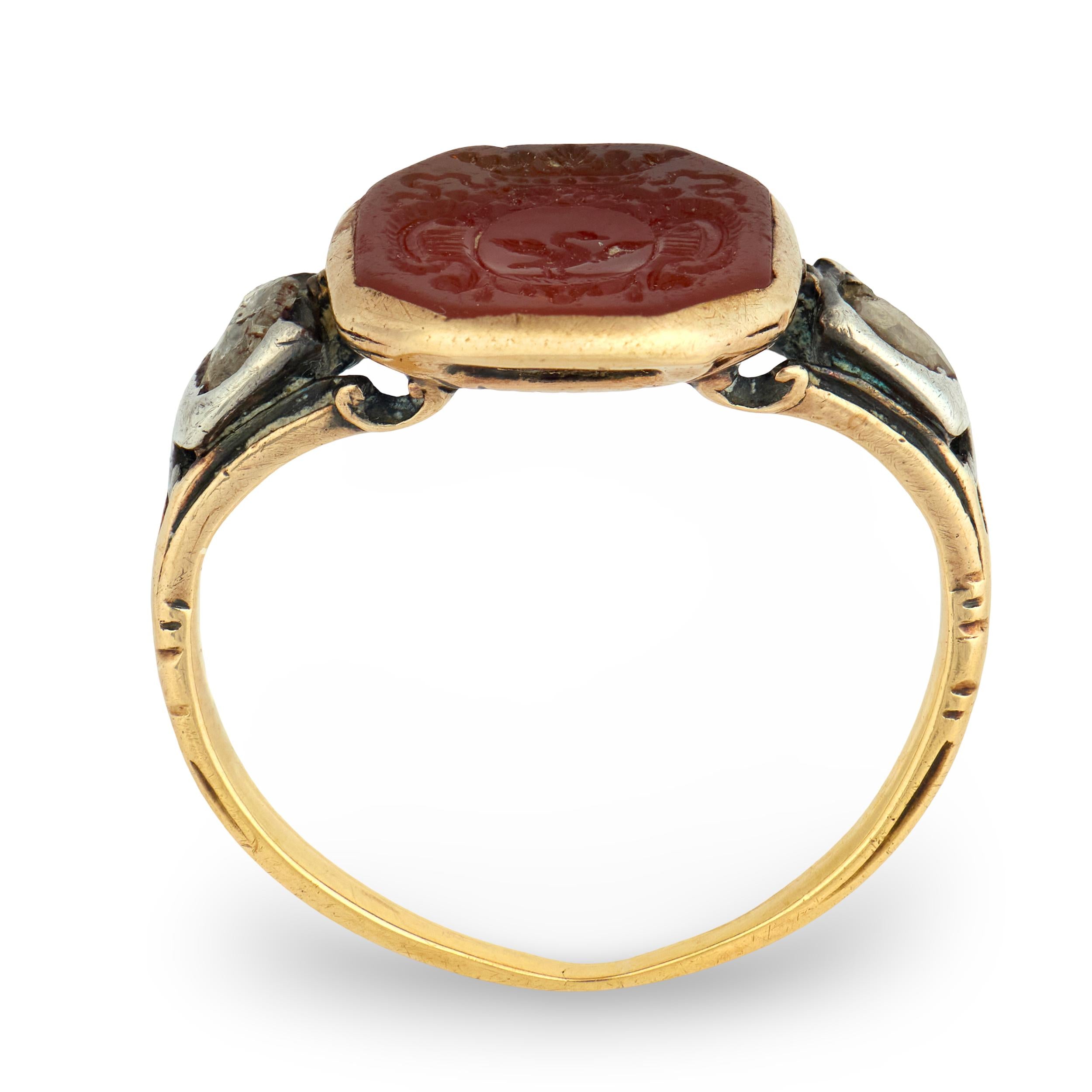 Georgian 14k/Sterling Silver Carnelian & Diamond Signet Ring