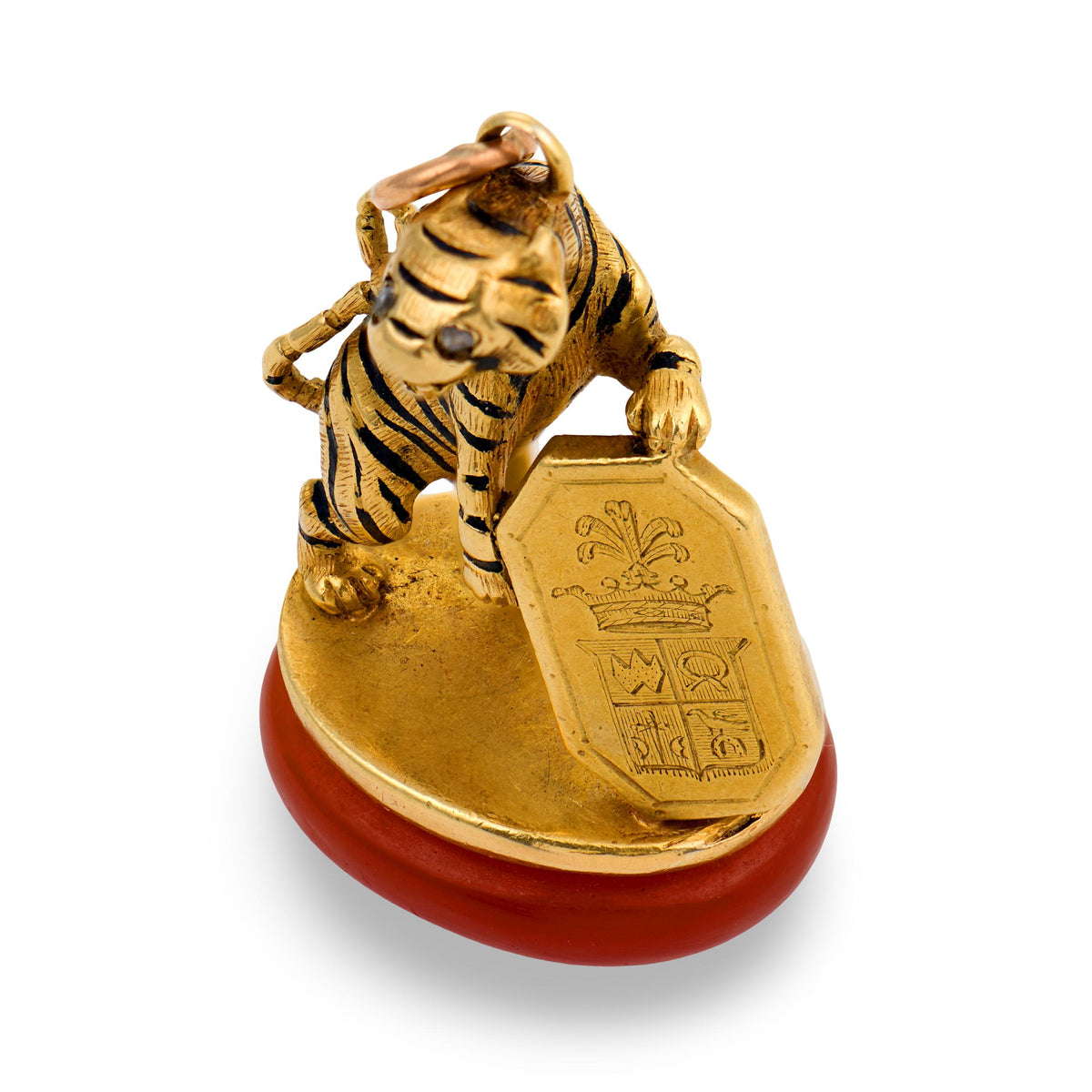 Victorian French 18k Carnelian, Diamond, & Enamel Tiger Fob