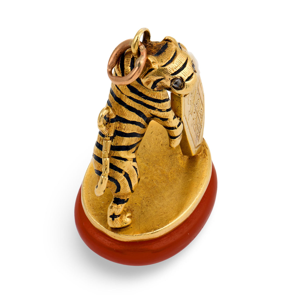 Victorian French 18k Carnelian, Diamond, & Enamel Tiger Fob