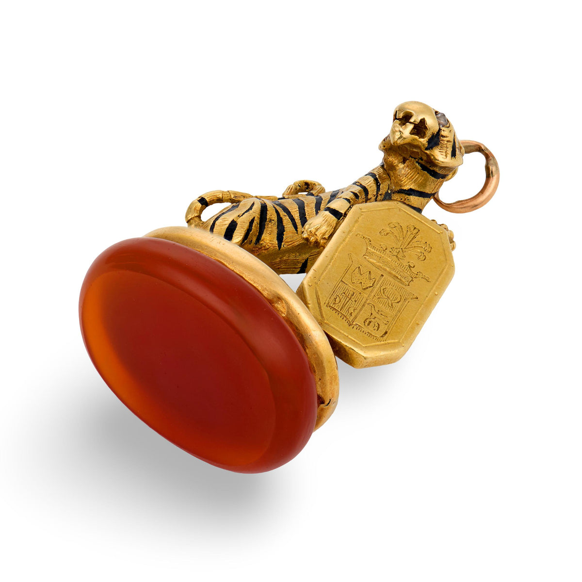 Victorian French 18k Carnelian, Diamond, & Enamel Tiger Fob