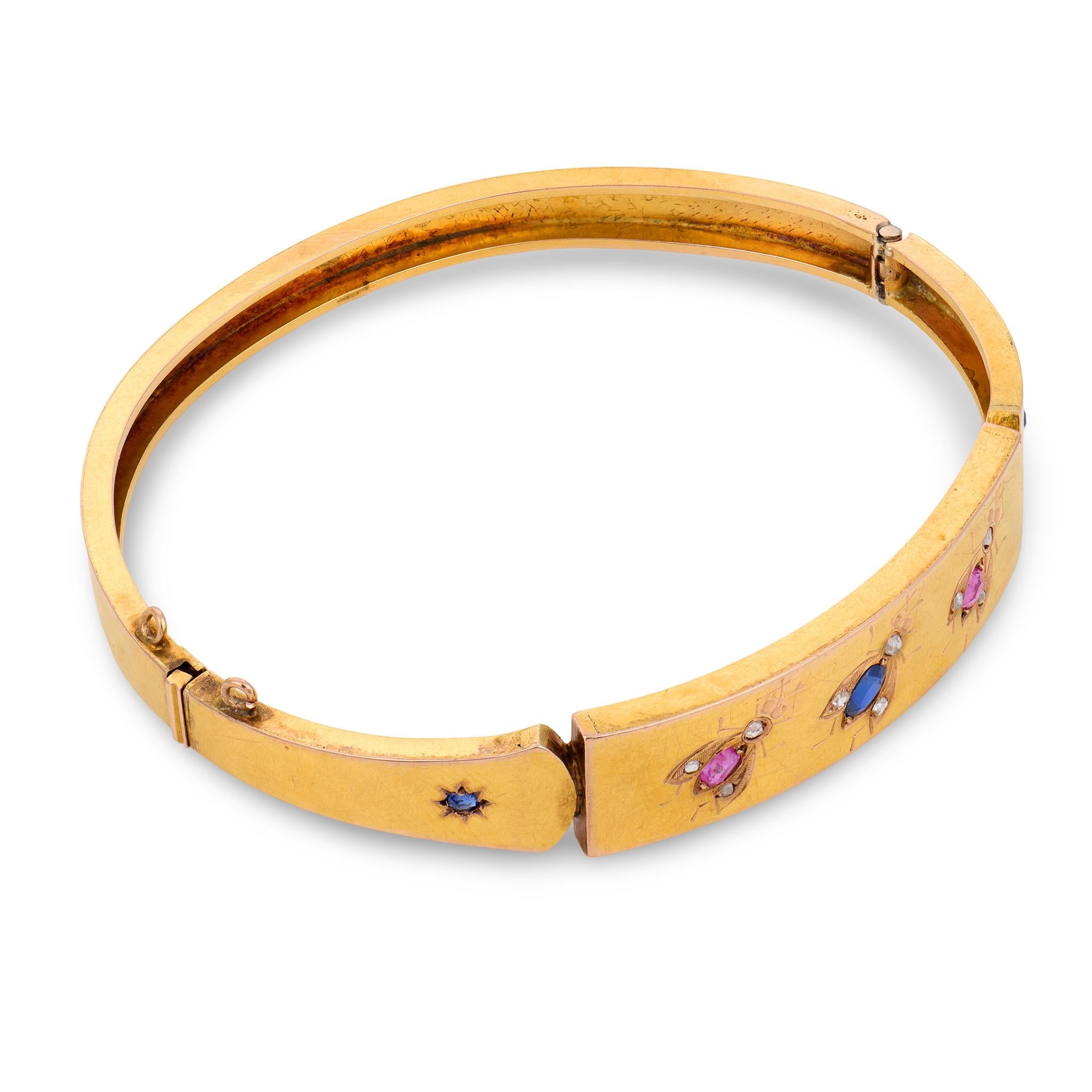 Victorian French 18k Sapphire, Ruby, & Diamond Fly-Motif Bangle