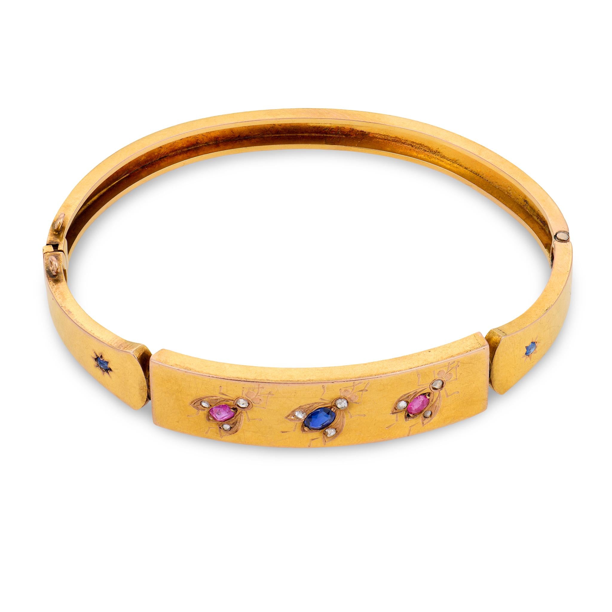 Victorian French 18k Sapphire, Ruby, & Diamond Fly-Motif Bangle