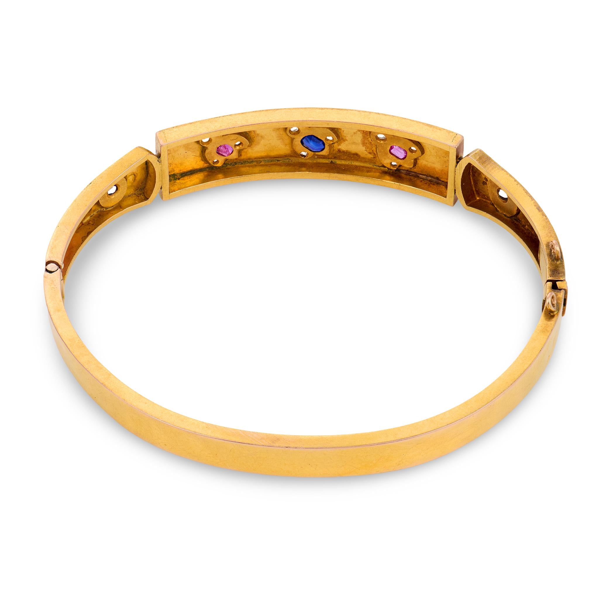 Victorian French 18k Sapphire, Ruby, & Diamond Fly-Motif Bangle