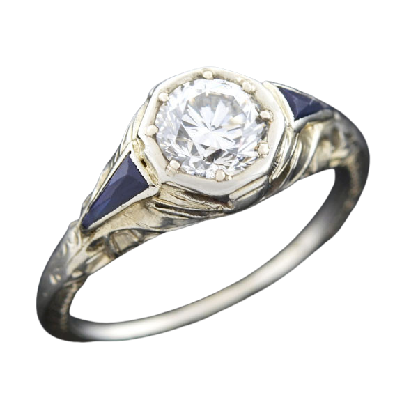 Art Deco 18kt Diamond & Sapphire Engagement Ring .82ct