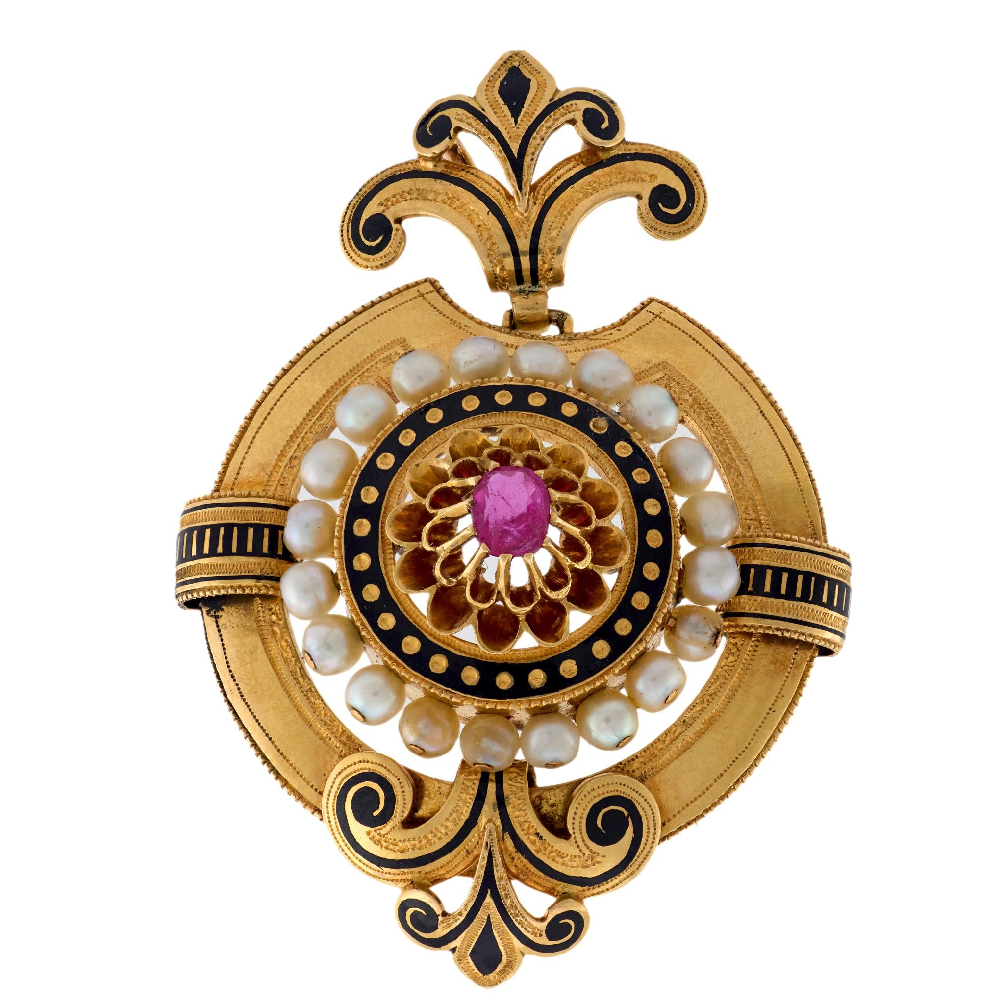 Victorian French 18k Ruby, Pearl, + Enamel Pendant