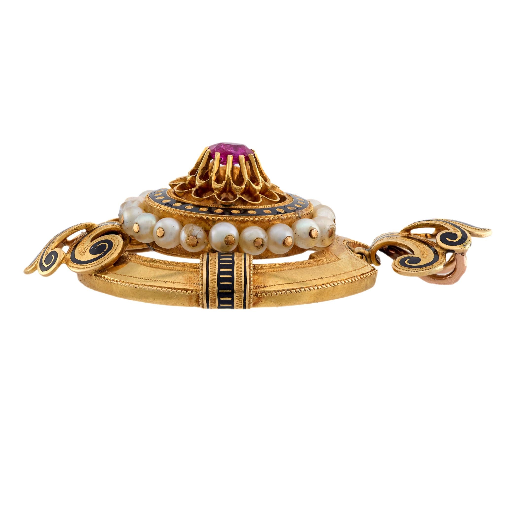 Victorian French 18k Ruby, Pearl, + Enamel Pendant