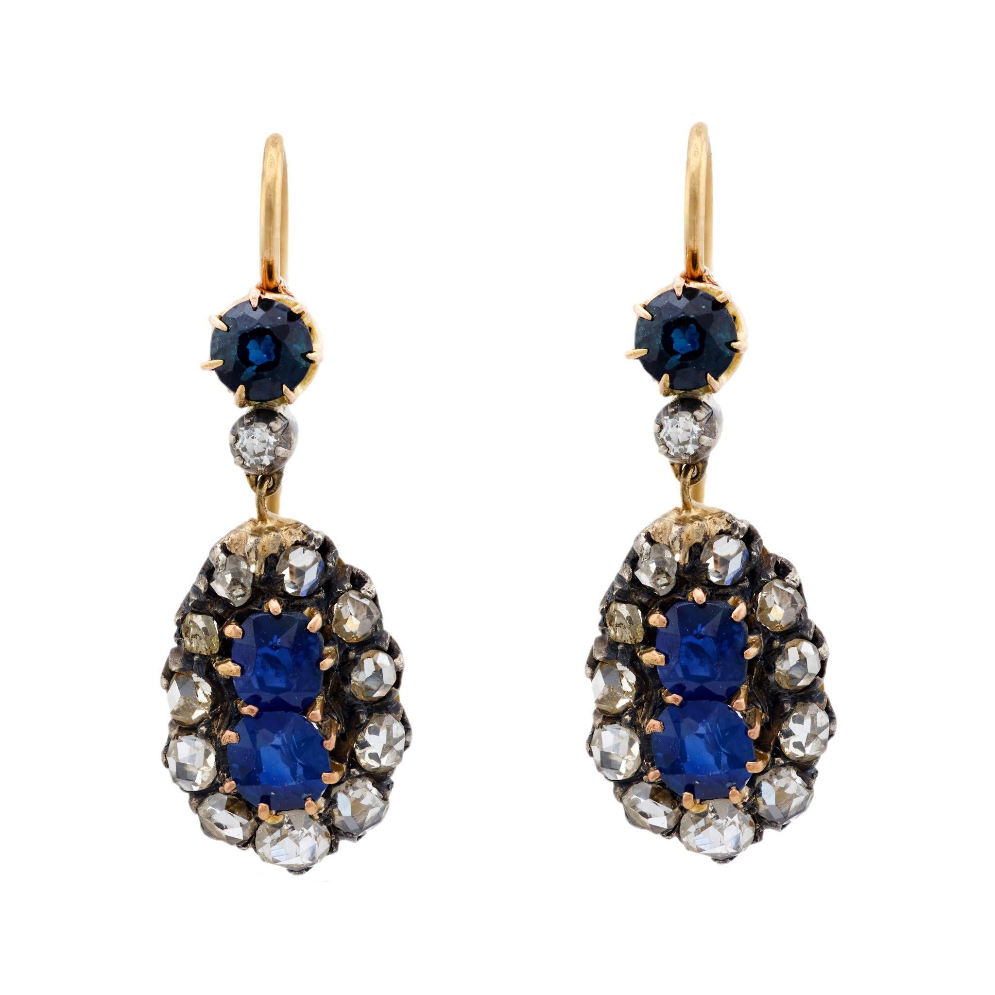 Victorian 18k/Sterling Silver Sapphire and Diamond Earrings