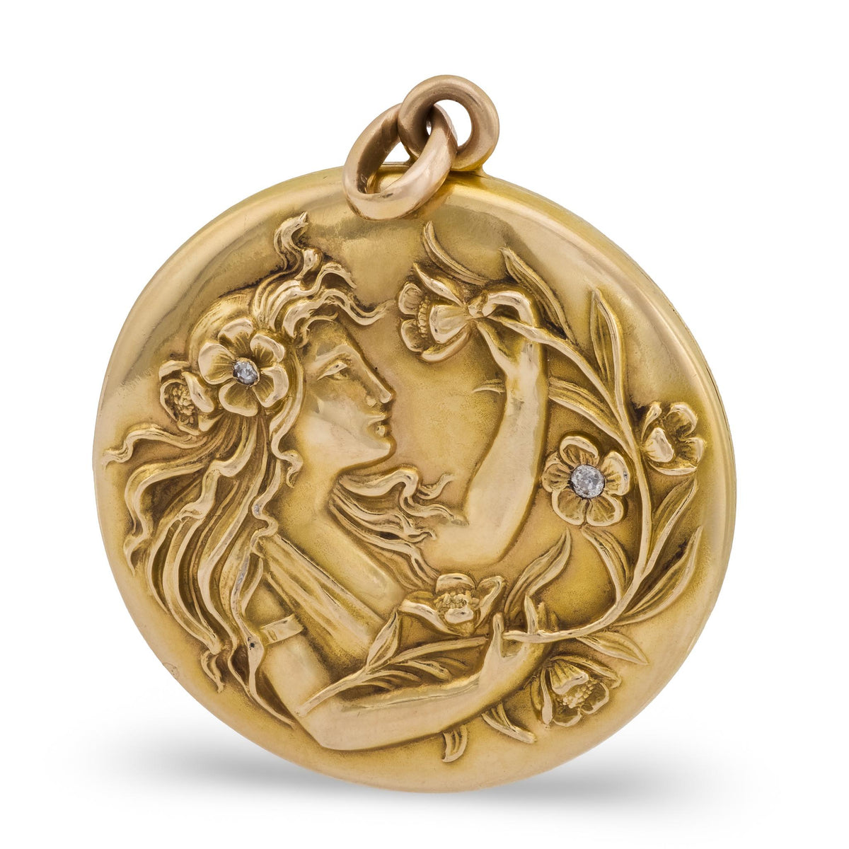 RIKER BROS Art Nouveau 14k Diamond & Enamel Repousse Locket