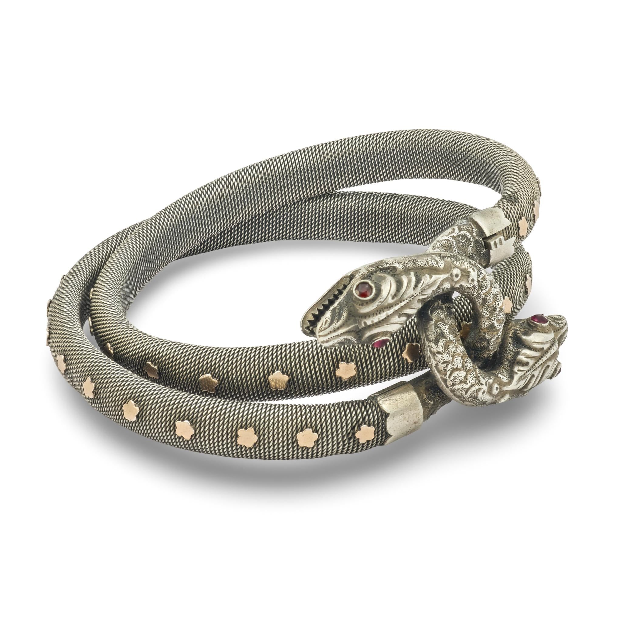 Victorian French Sterling Silver/Gold-Filled Garnet Snake Bracelet