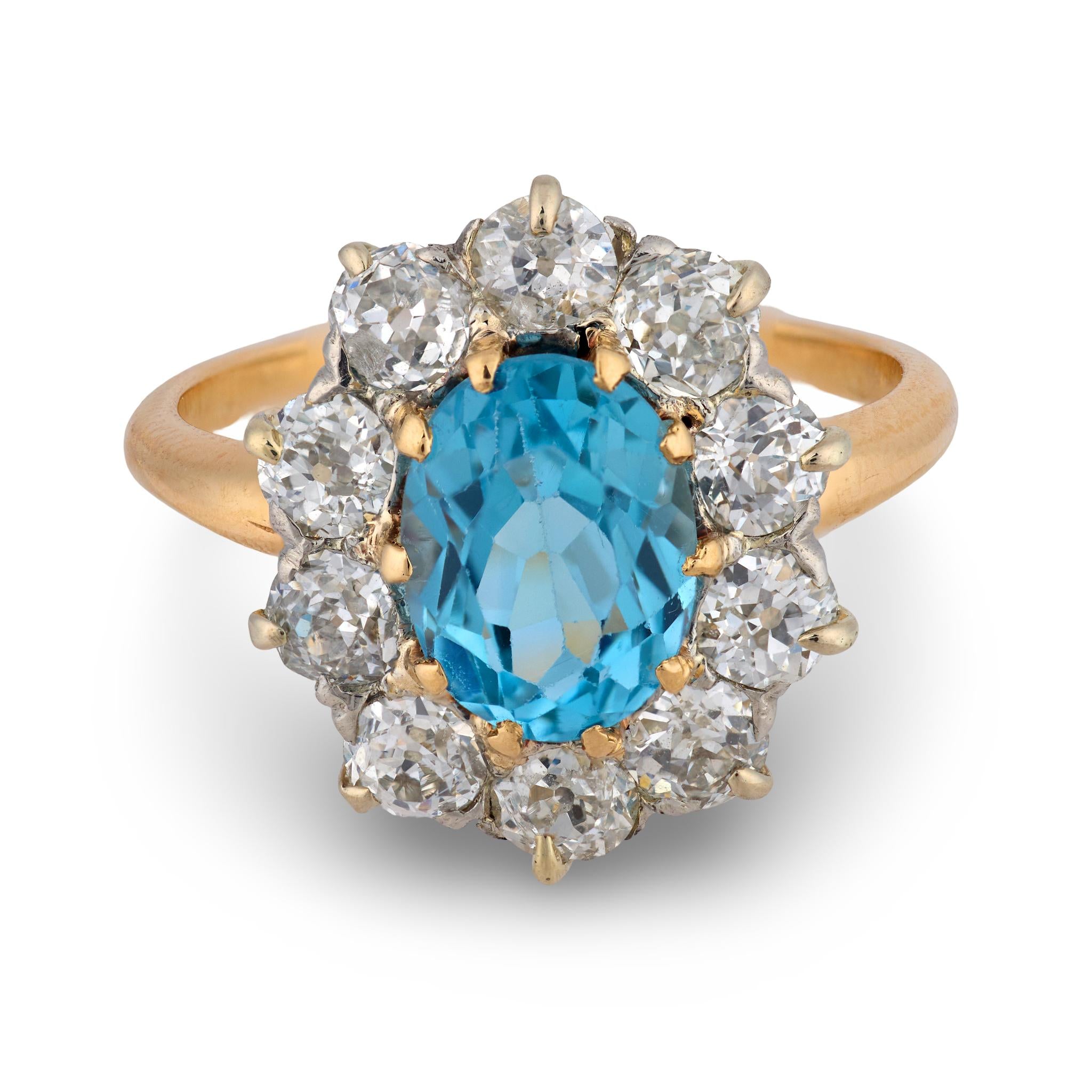 Retro 14k/Platinum Aqua & Diamond Halo Ring