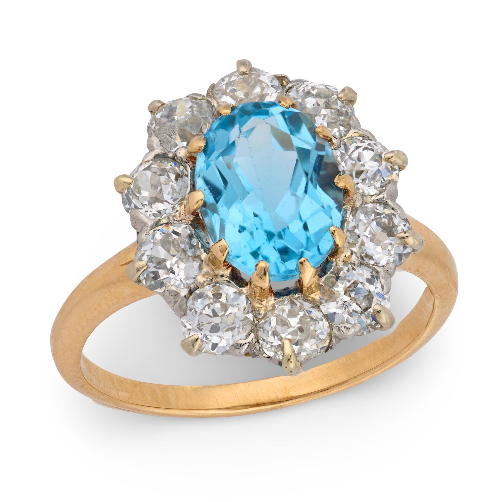 Retro 14k/Platinum Aqua & Diamond Halo Ring