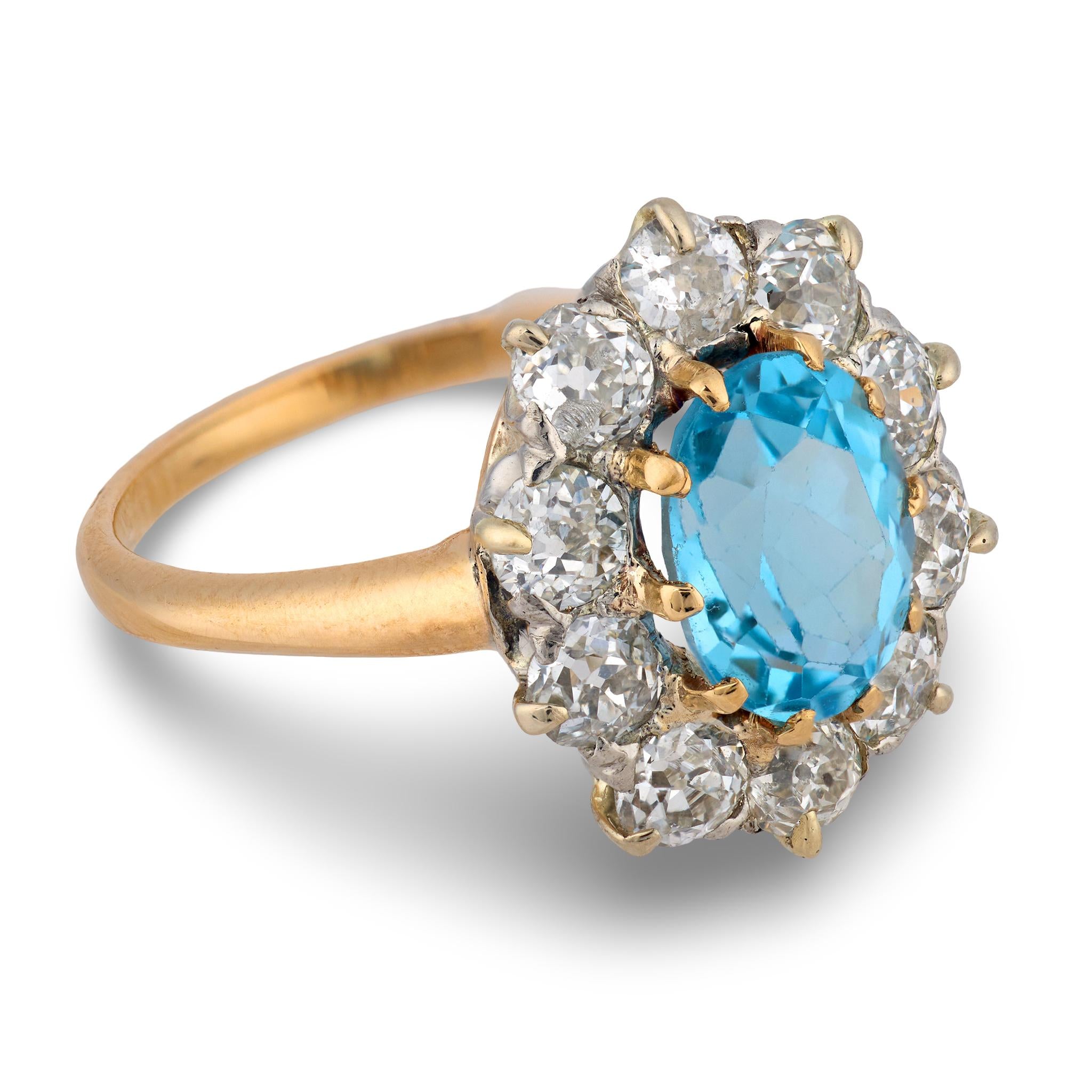 Retro 14k/Platinum Aqua & Diamond Halo Ring