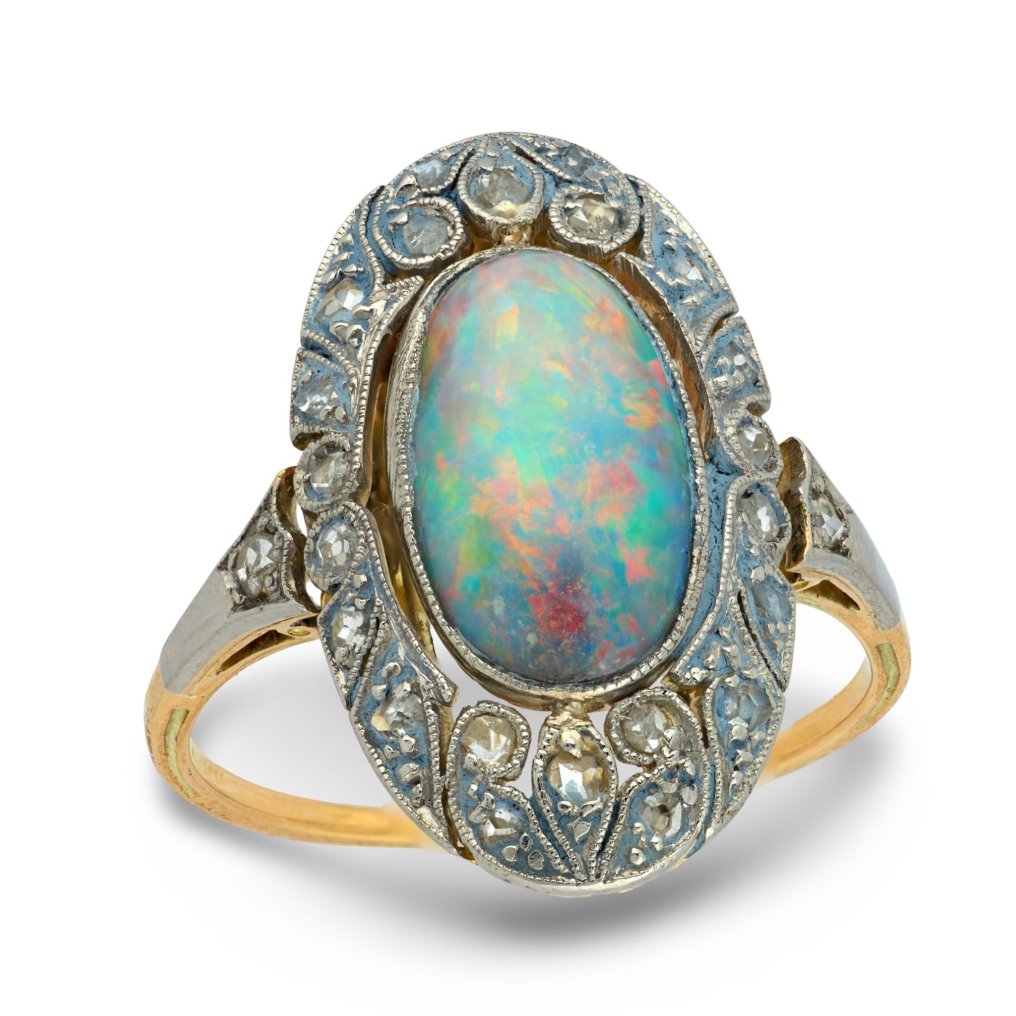 Edwardian 14k/Platinum Opal & Diamond Halo Ring