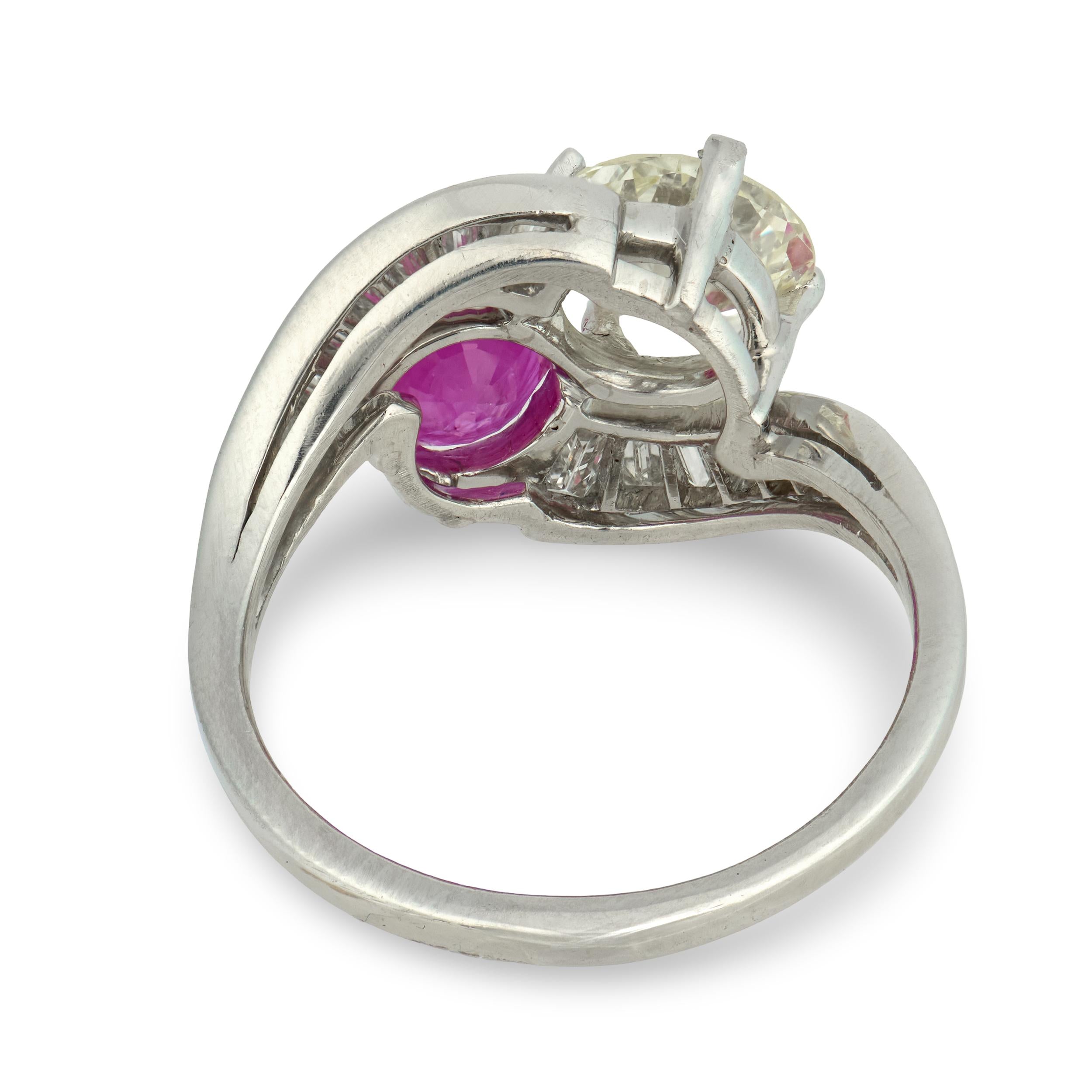 Estate Platinum Pink Sapphire & Diamond "Moi et Toi" Bypass Ring