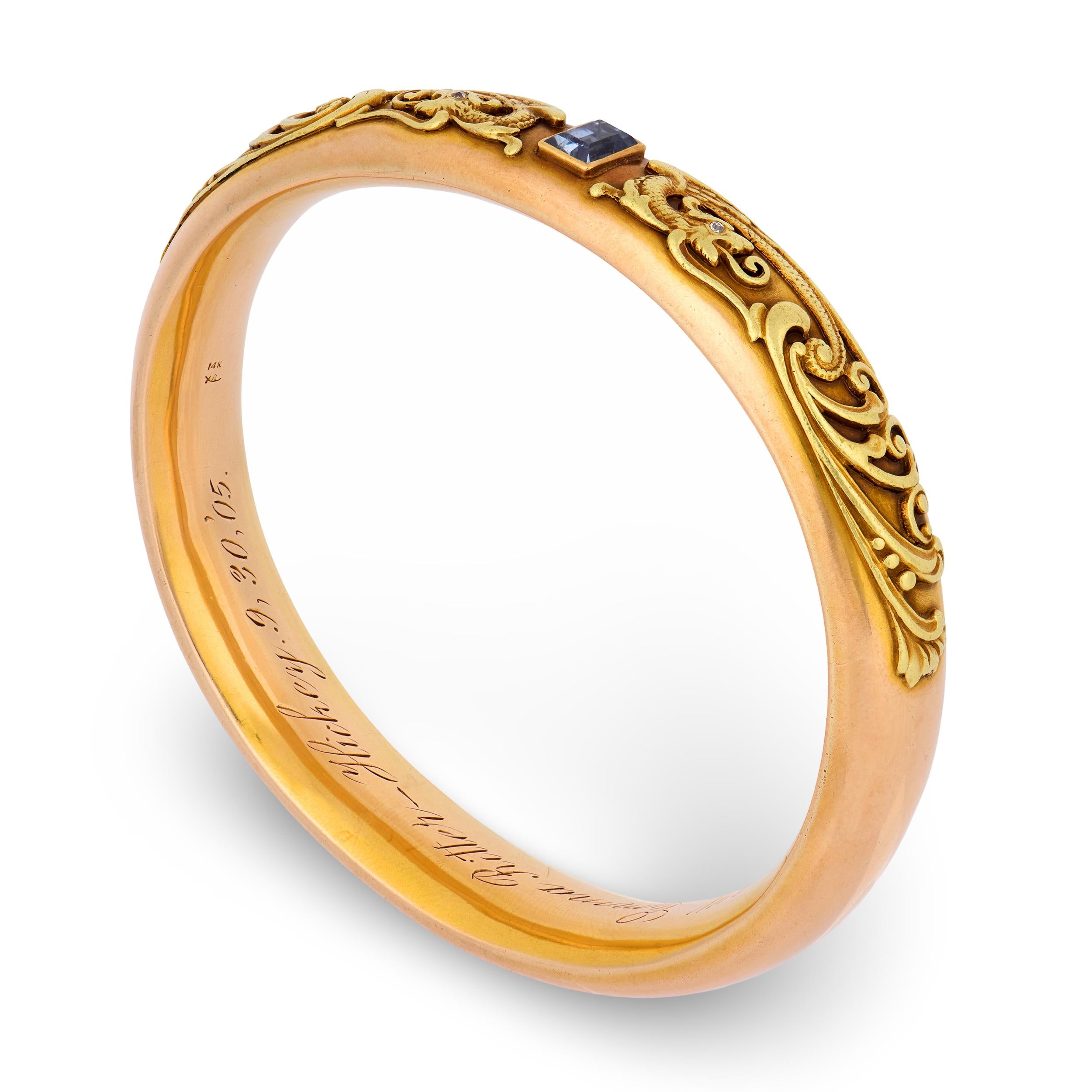 RIKER BROS. Art Nouveau 14k Diamond & Aqua Dragon-Motif Bangle