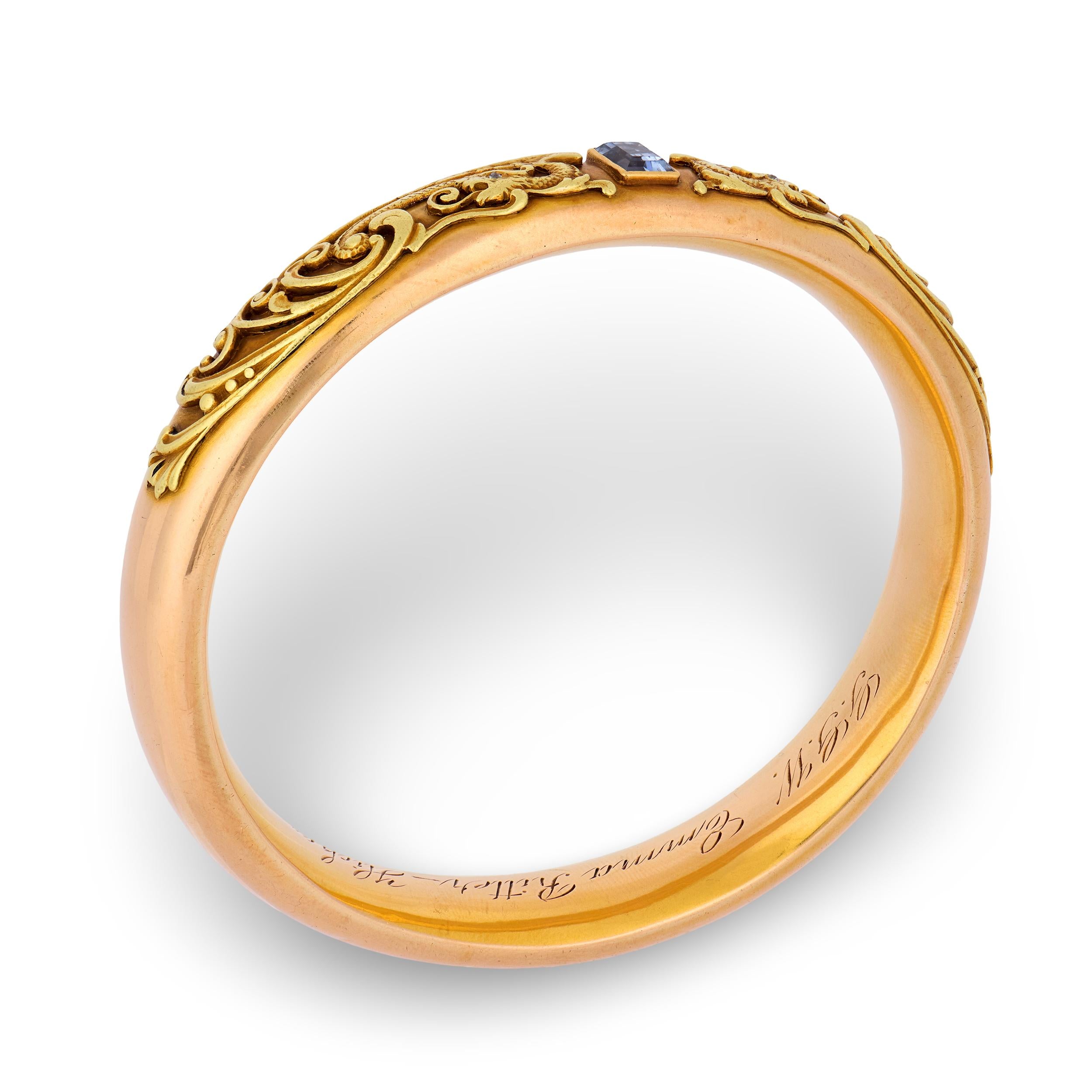 RIKER BROS. Art Nouveau 14k Diamond & Aqua Dragon-Motif Bangle