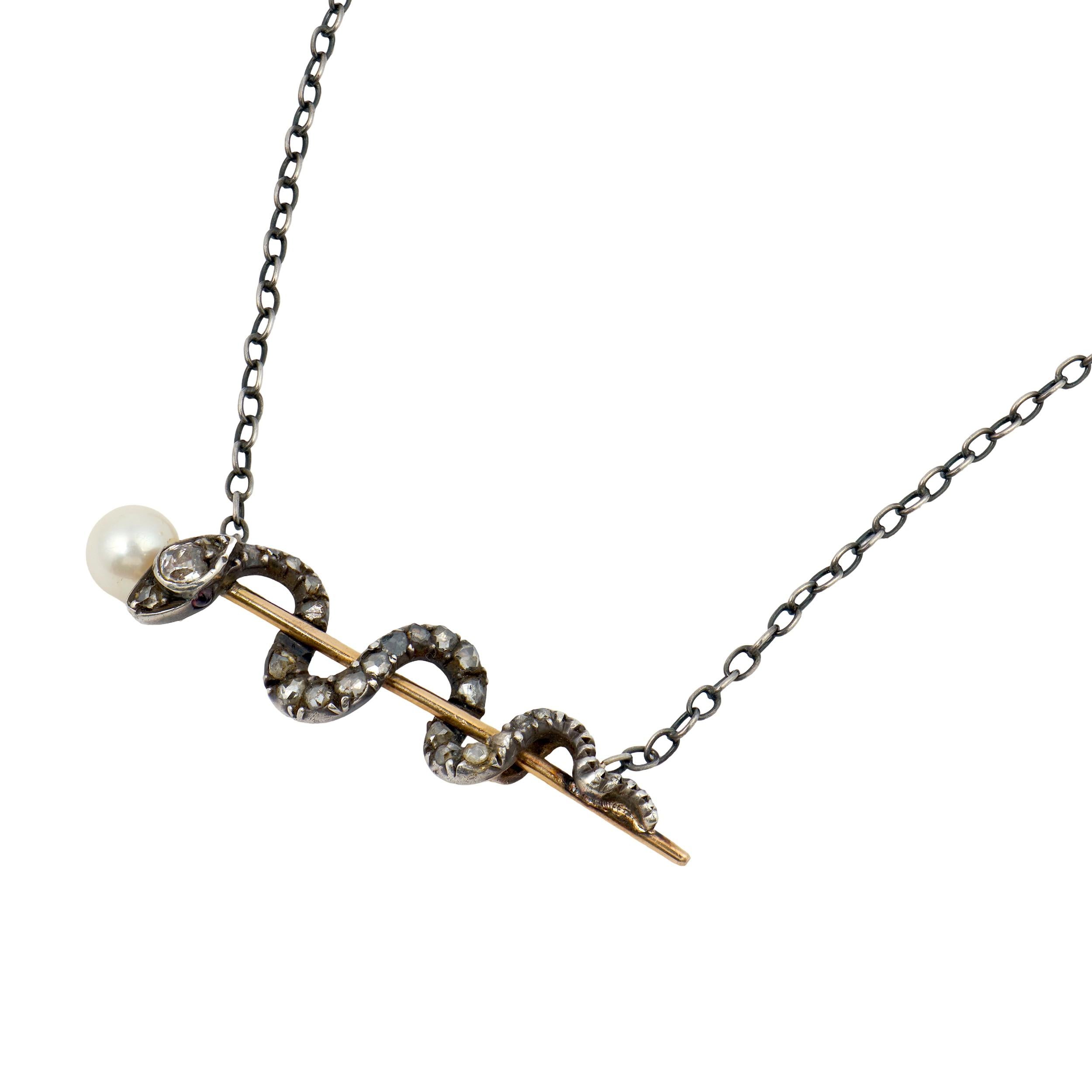 Victorian 15k/Sterling Diamond, Ruby, Pearl "Rod of Asclepius" Pendant Necklace