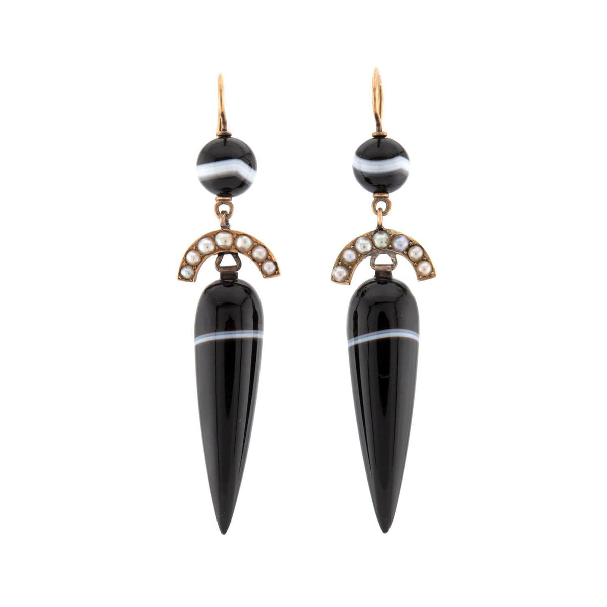Victorian 14k Banded Agate & Pearl Drop Earrings