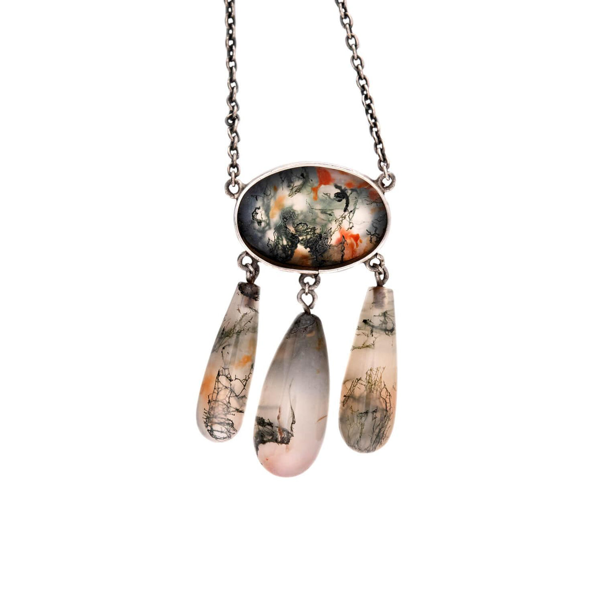 Art Nouveau Sterling Silver Moss Agate Pendant Necklace