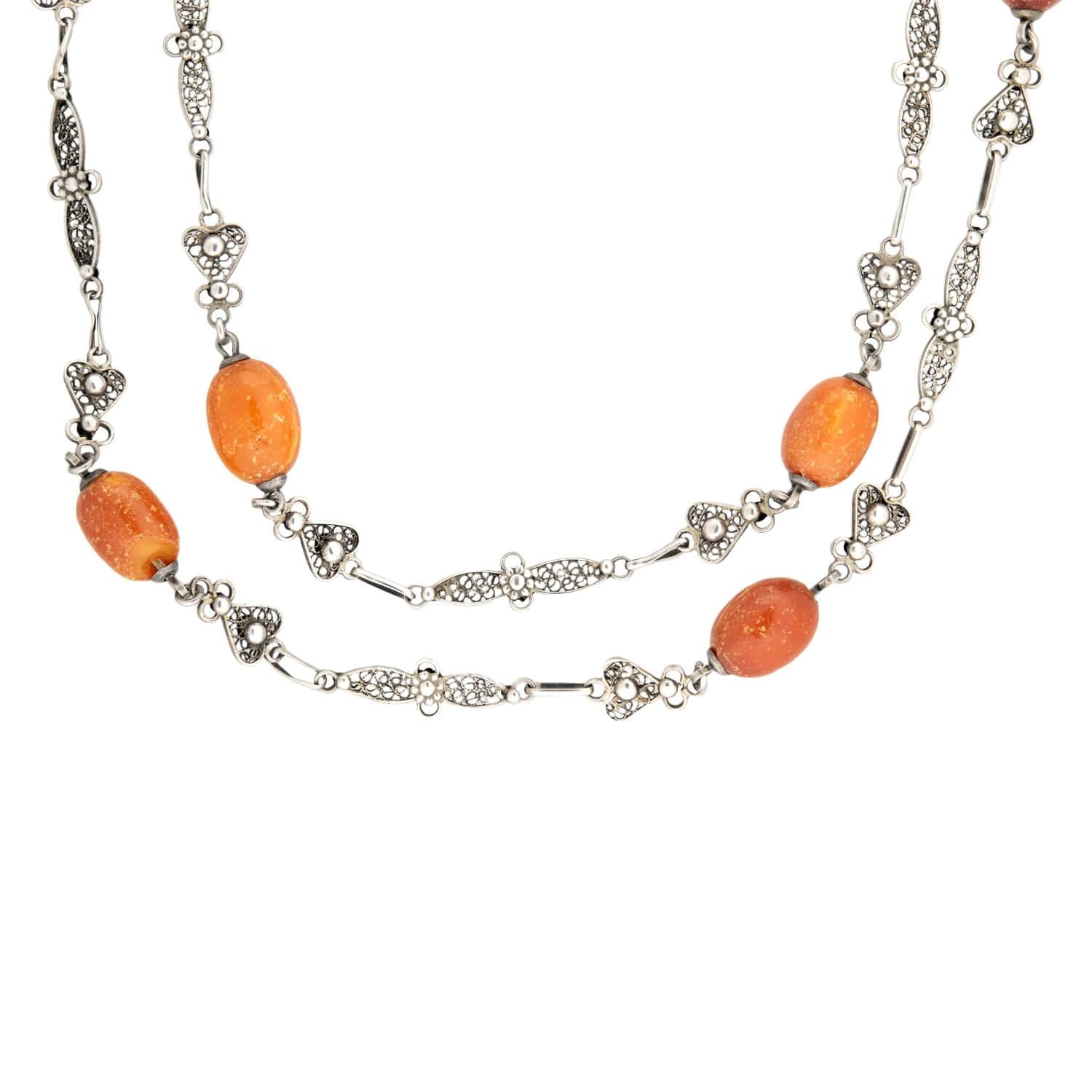 Art Deco Sterling Silver Amber Bead Chain