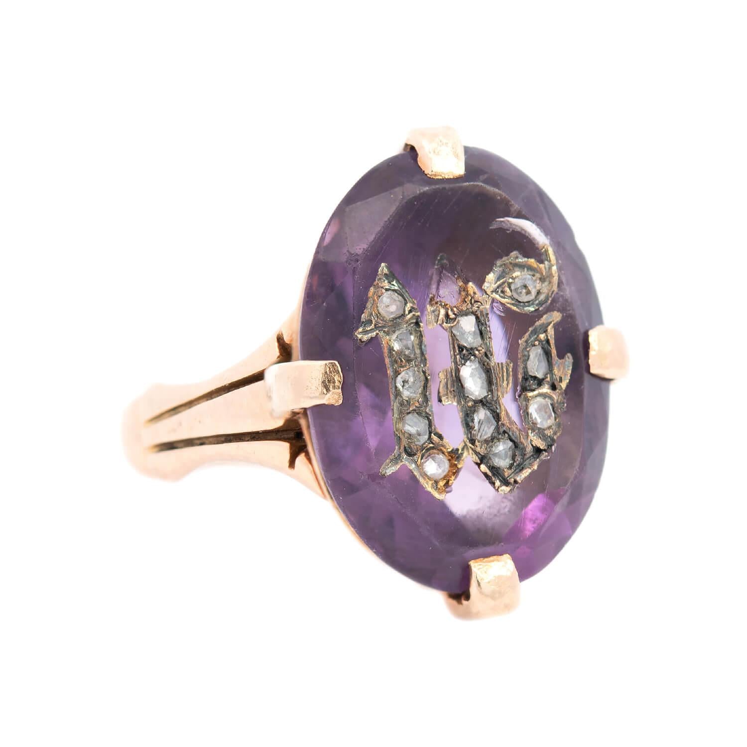 Victorian 18k Amethyst and Diamond Initial Inlay Ring