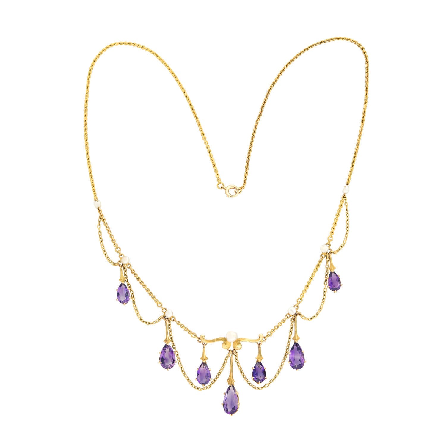 Victorian 14k Amethyst & Pearl Festoon Necklace