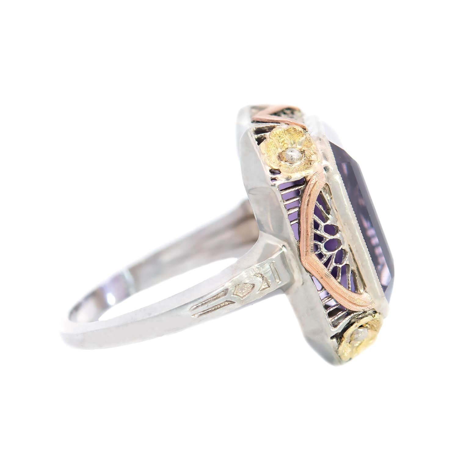 Art Deco 14k White, Yellow, and Rose Gold Amethyst Filagree Floral Cocktail Ring