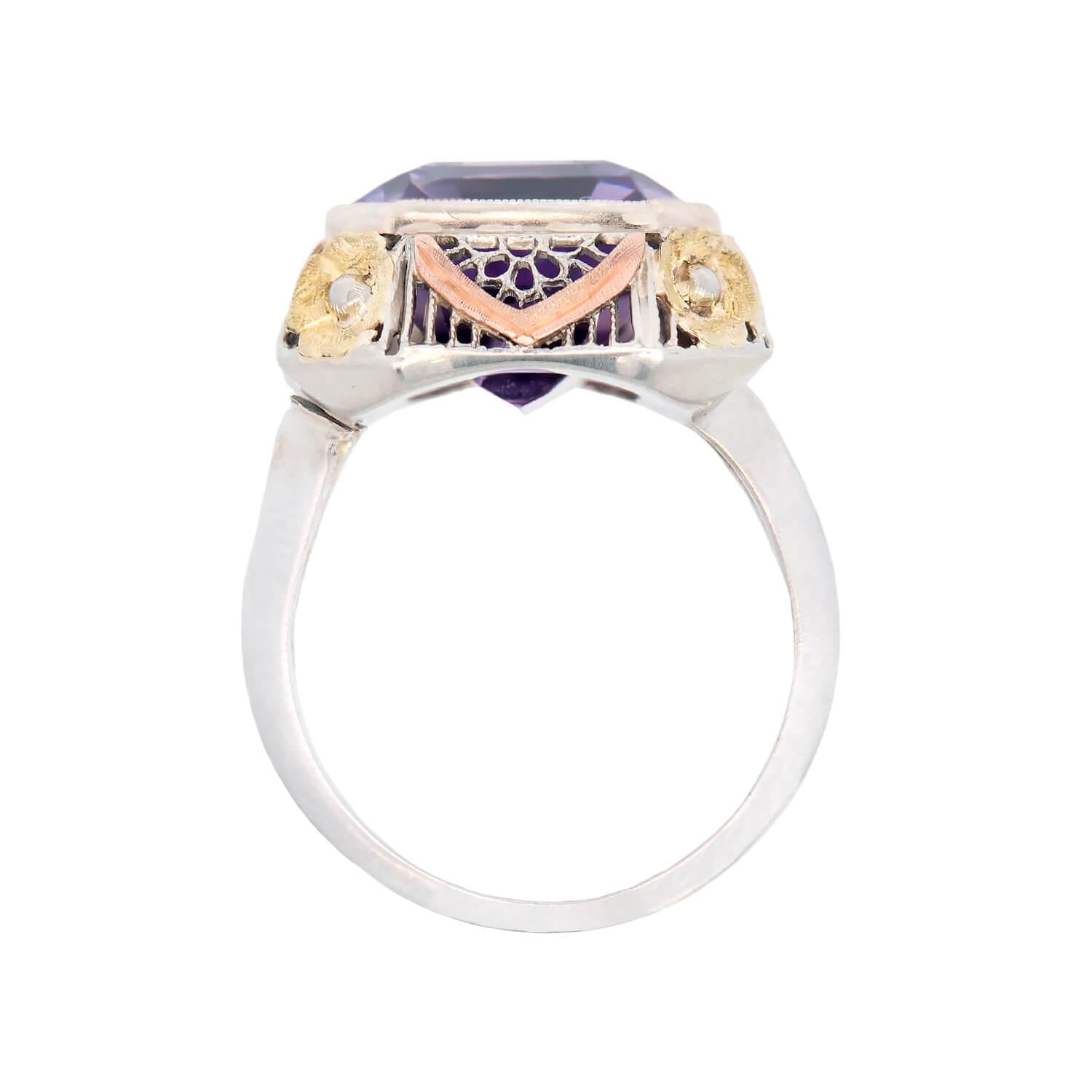 Art Deco 14k White, Yellow, and Rose Gold Amethyst Filagree Floral Cocktail Ring