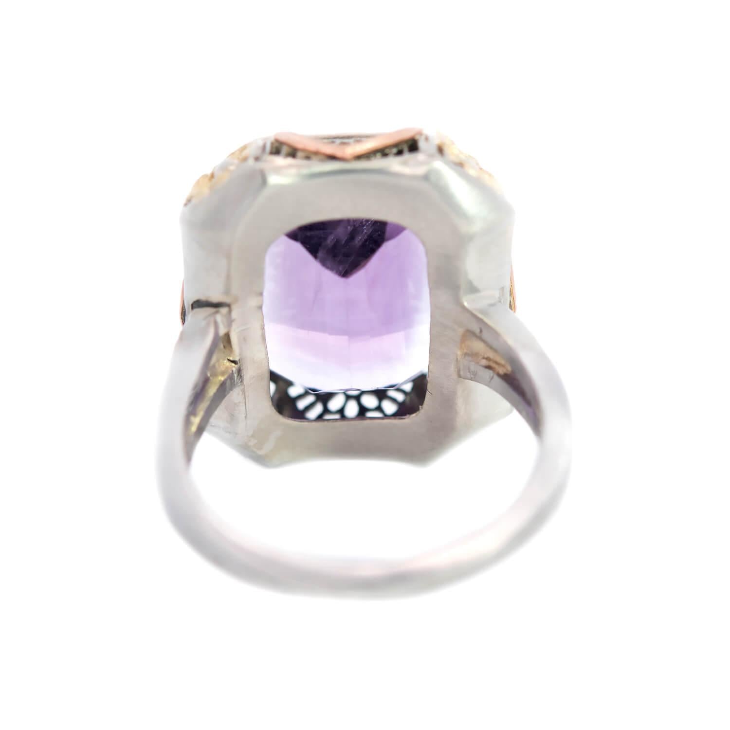 Art Deco 14k White, Yellow, and Rose Gold Amethyst Filagree Floral Cocktail Ring