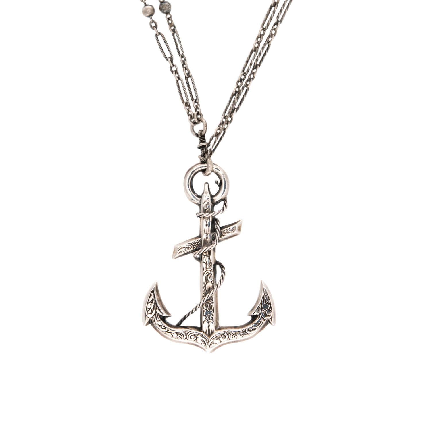 Victorian Sterling Silver Anchor Pendant Necklace 62"