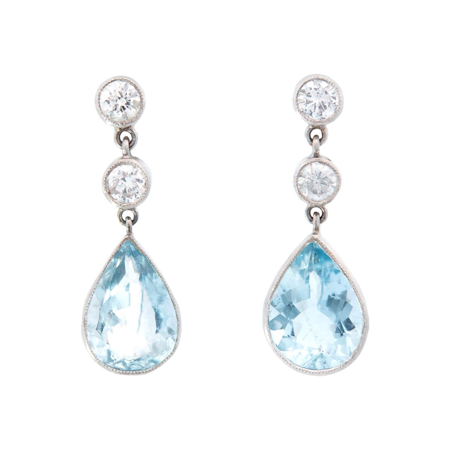 Retro Platinum Aquamarine and Diamond Dangle Earrings