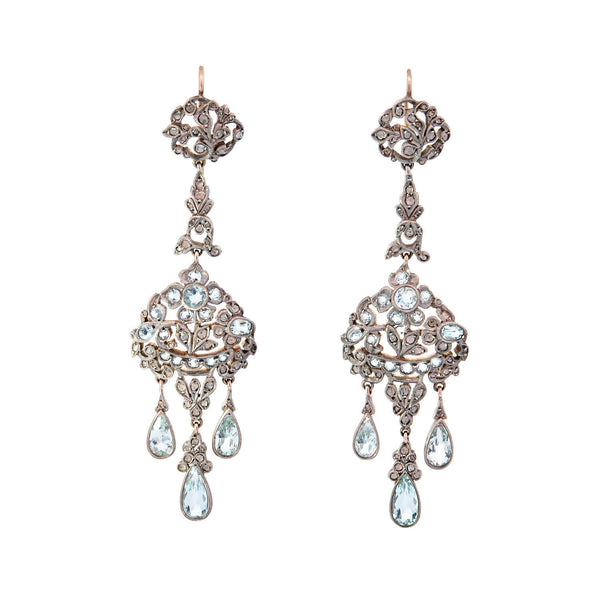 Victorian Silver/14k Large Aqua & Diamond Chandelier Earrings