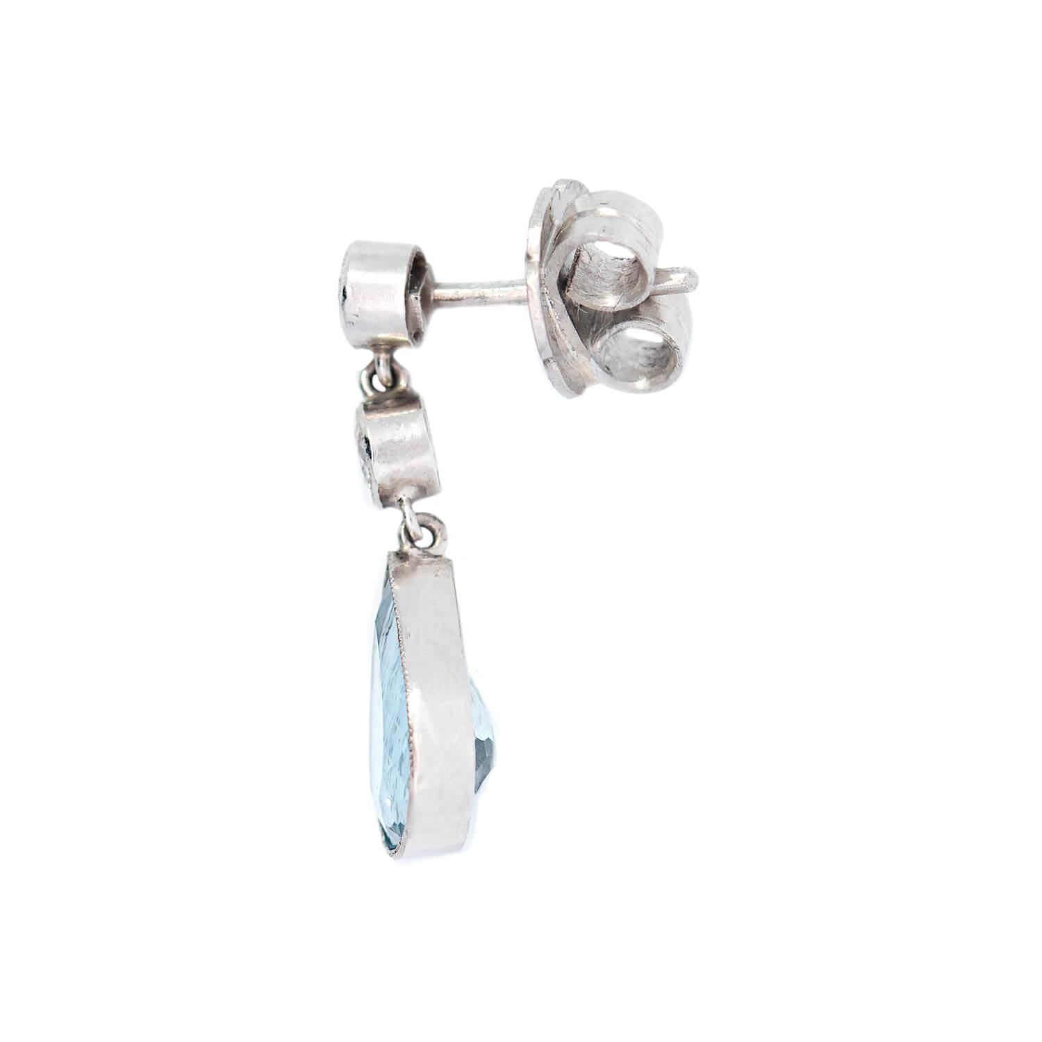 Retro Platinum Aquamarine and Diamond Dangle Earrings