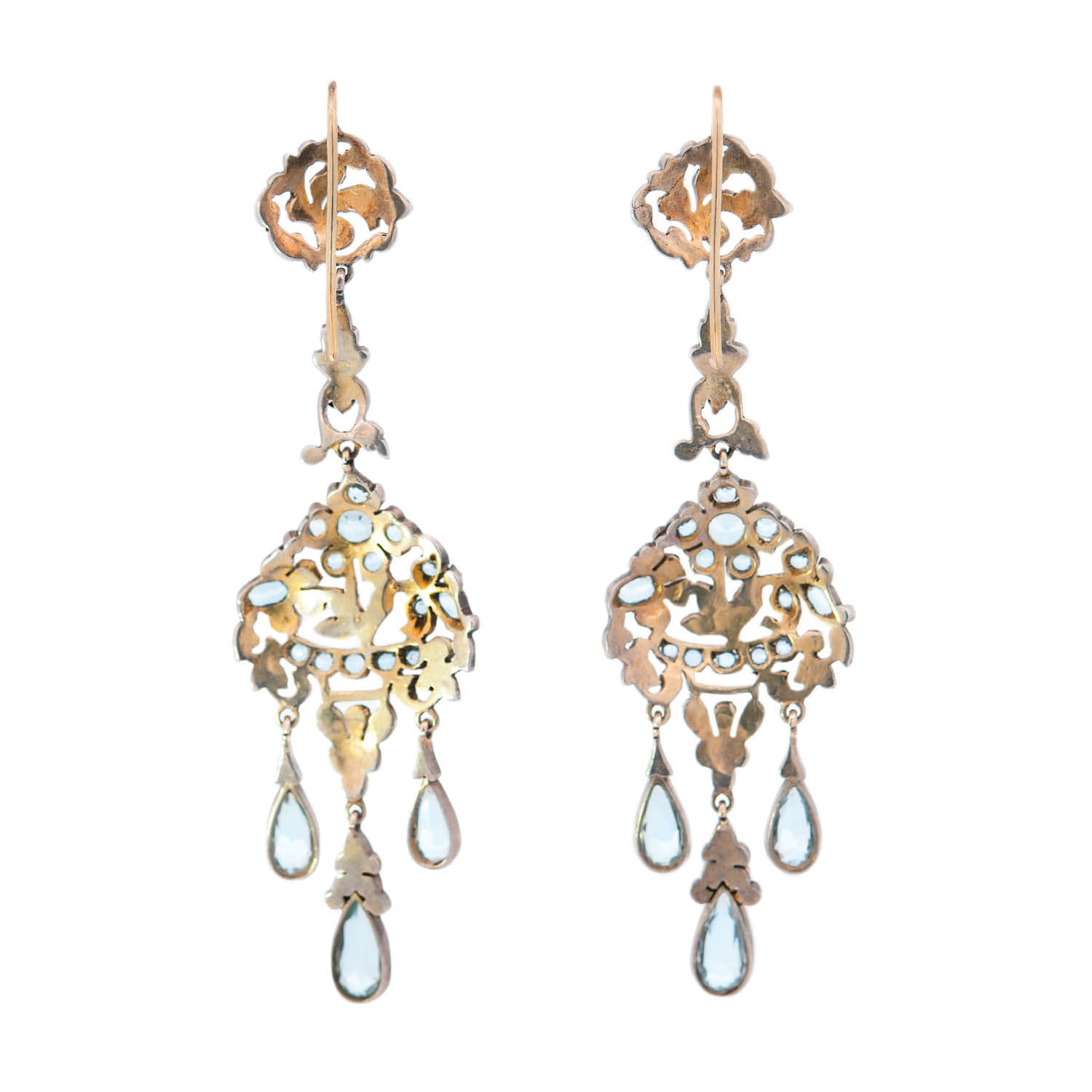 Victorian Silver/14k Large Aqua & Diamond Chandelier Earrings