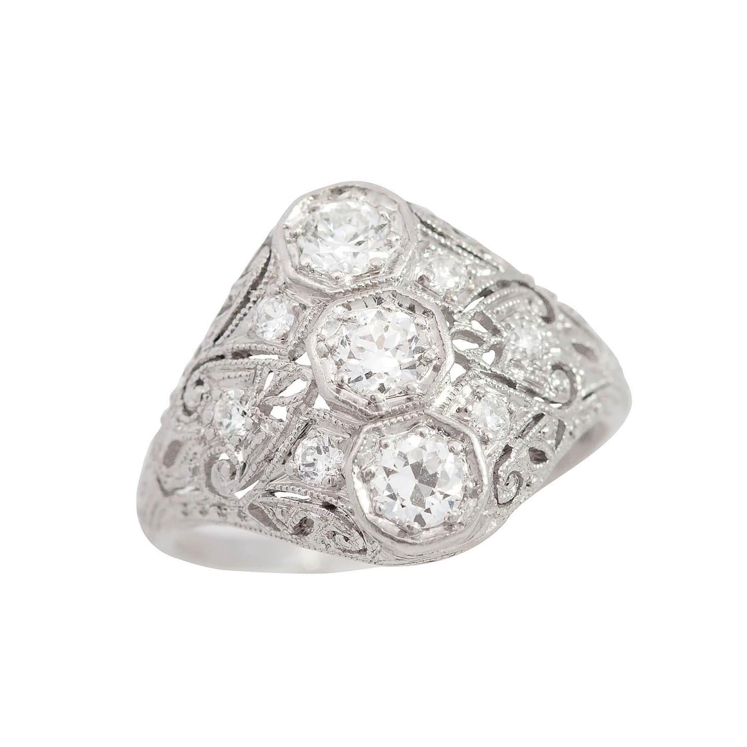 J.E. CALDWELL Art Deco Platinum Diamond Three Stone Cocktail Ring