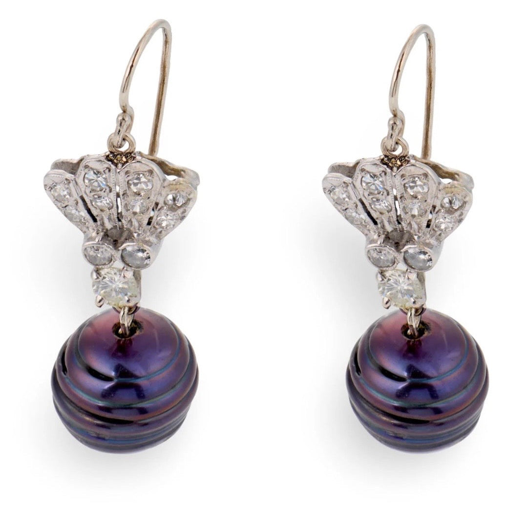 Art Deco 14k Diamond & Black Tahitian Pearl Drop Earrings