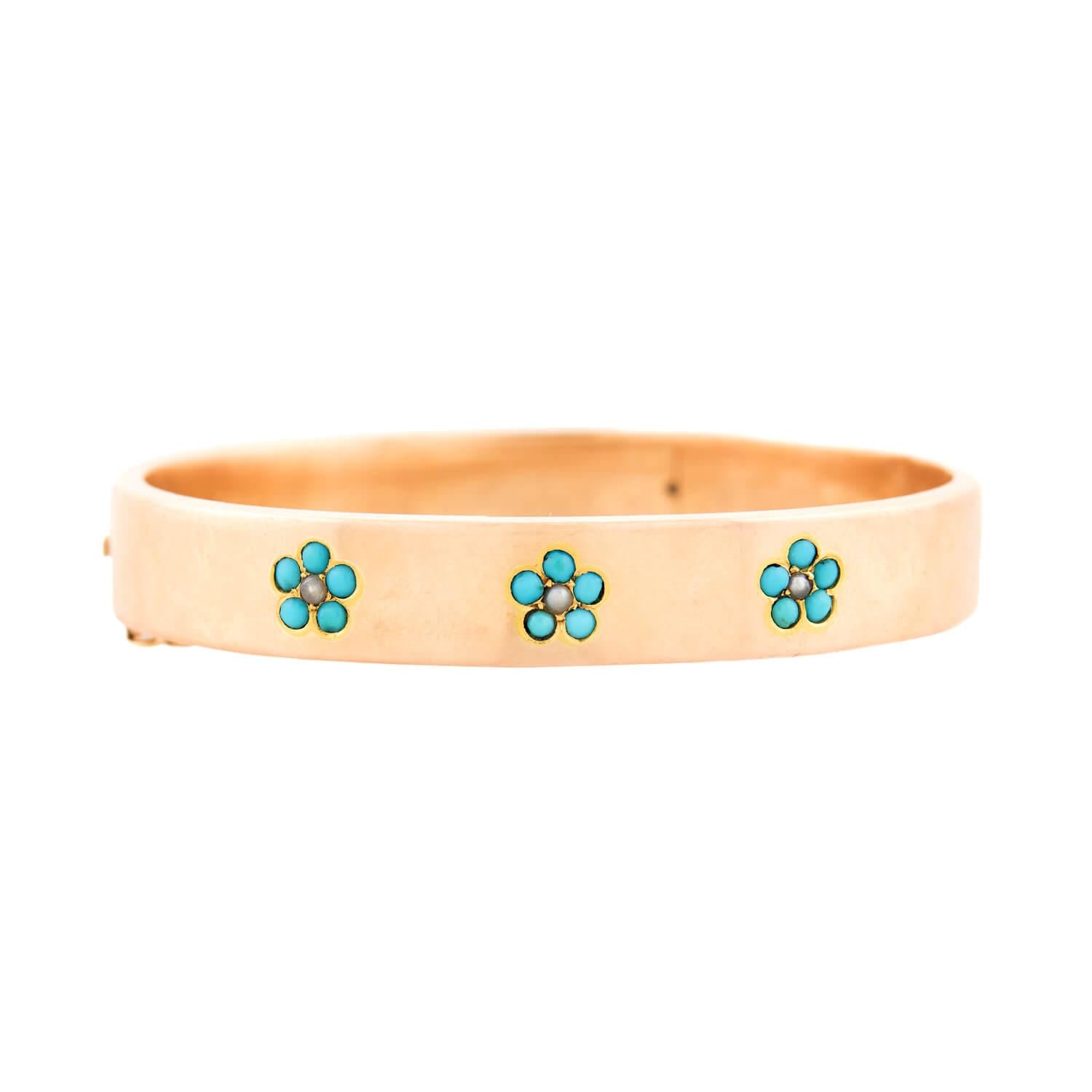 Victorian 14k Turquoise and Pearl Forget-Me-Not Bangle Bracelet