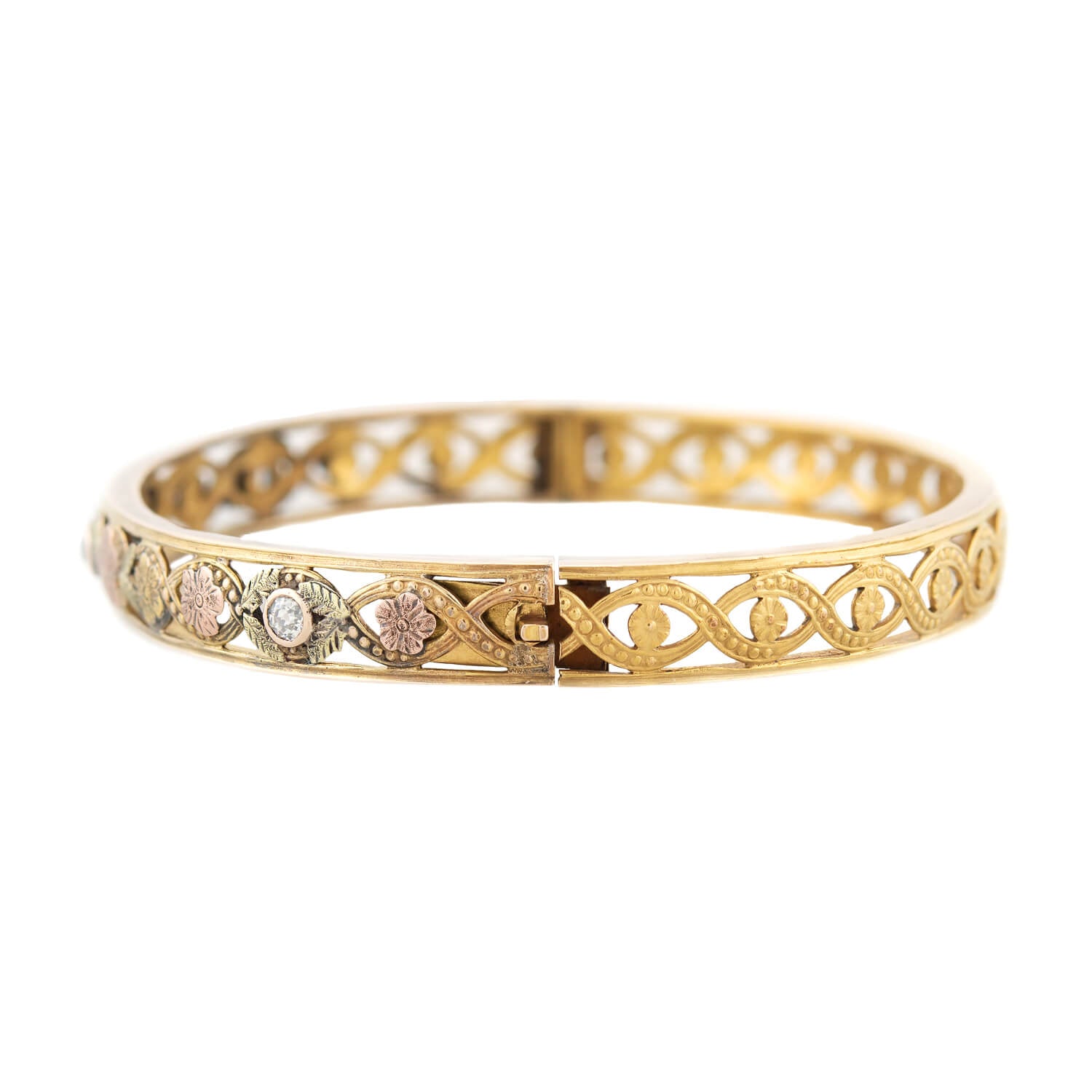 Edwardian 12k Yellow, Rose, and Green Gold Floral Diamond Bangle