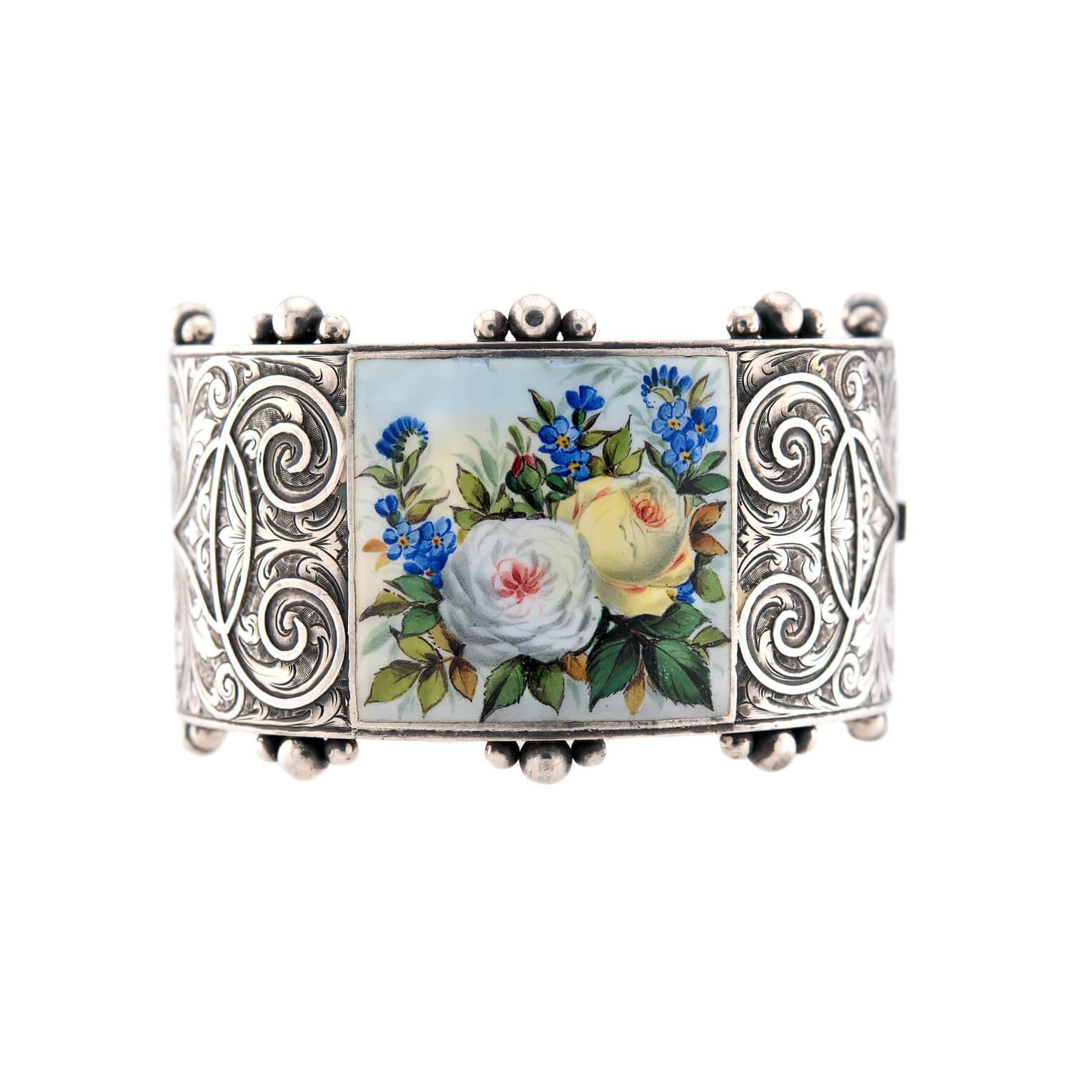 Victorian Sterling Silver Enamel Floral Motif Bangle