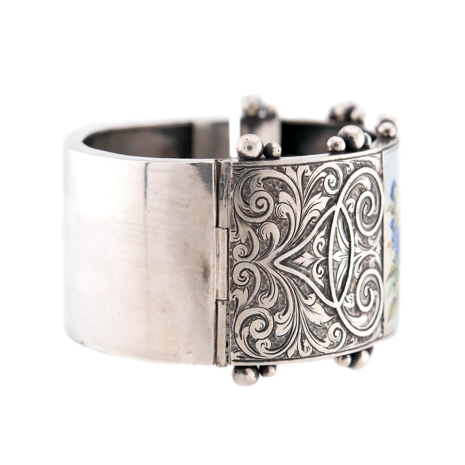 Victorian Sterling Silver Enamel Floral Motif Bangle