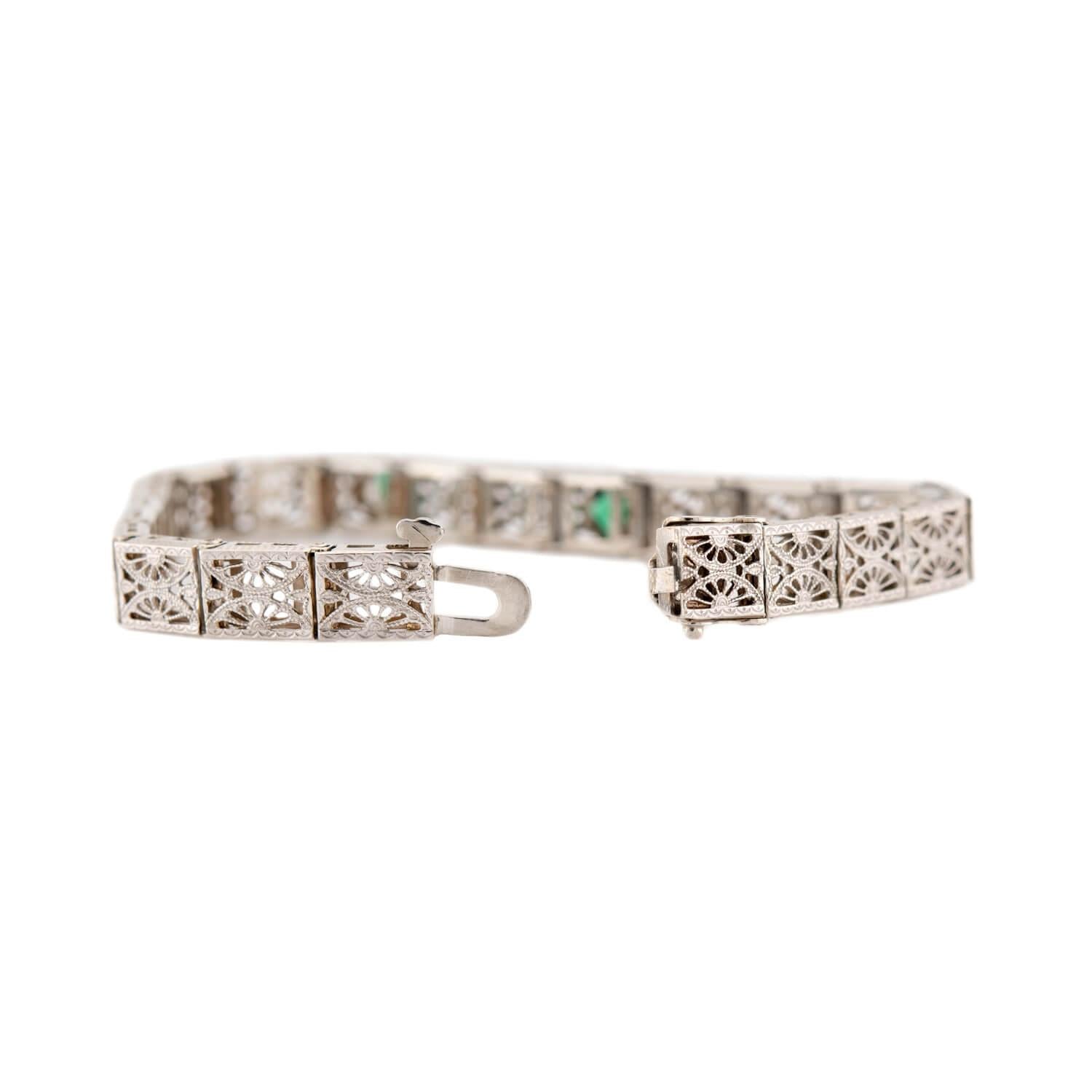 Art Deco 14k "Emerald" & Diamond Line Bracelet