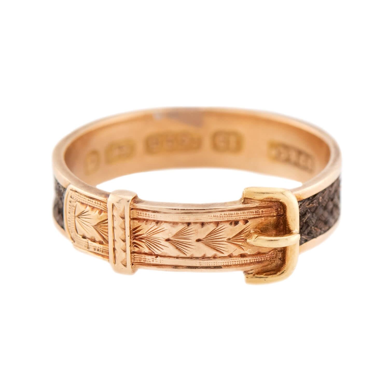Victorian English 15k Woven Hair Buckle-Motif Mourning Ring
