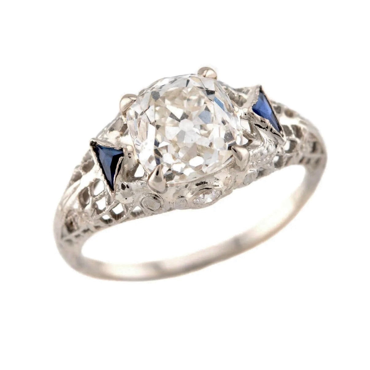 Art Deco 18k GIA Diamond & Sapphire Engagement Ring 2.23ct