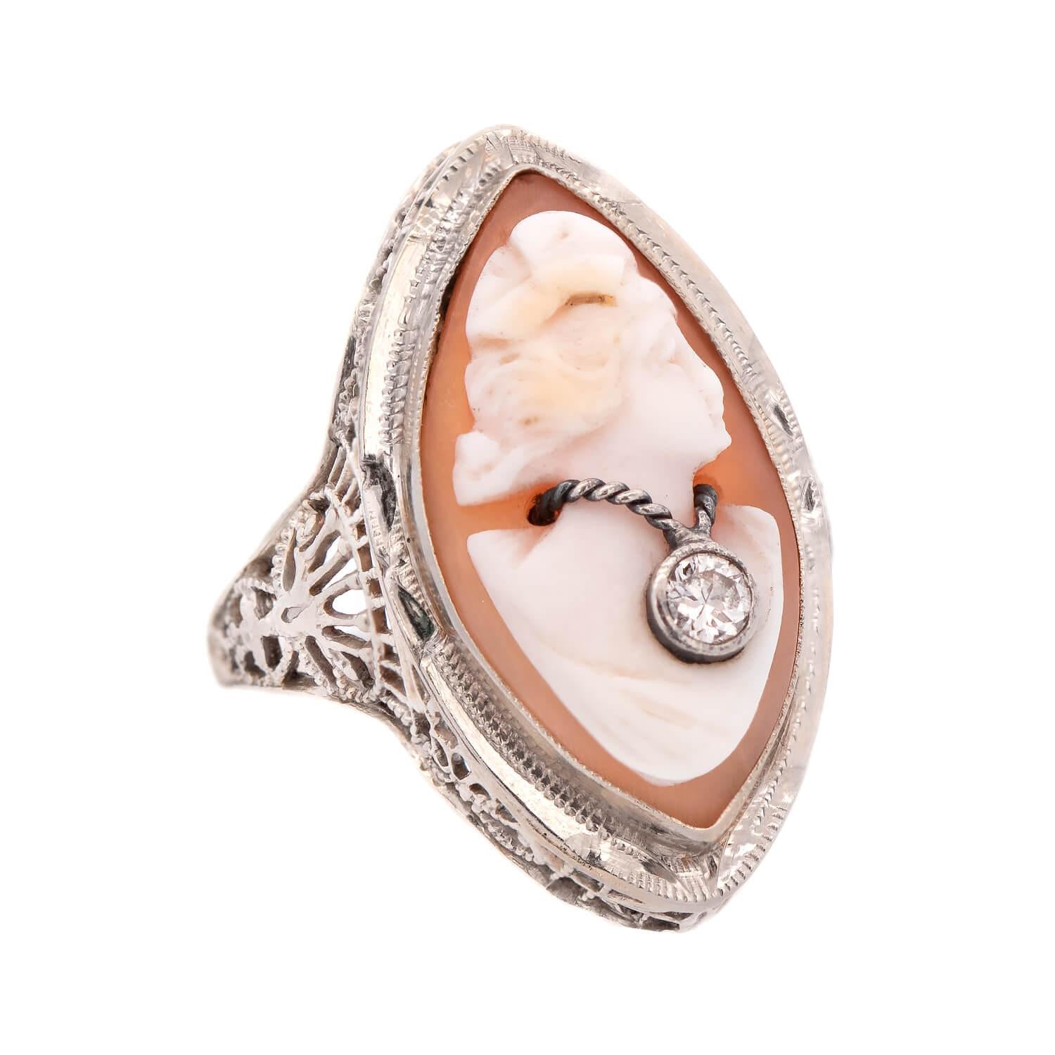 Art Deco 14K and Diamond Shell Cameo Ring