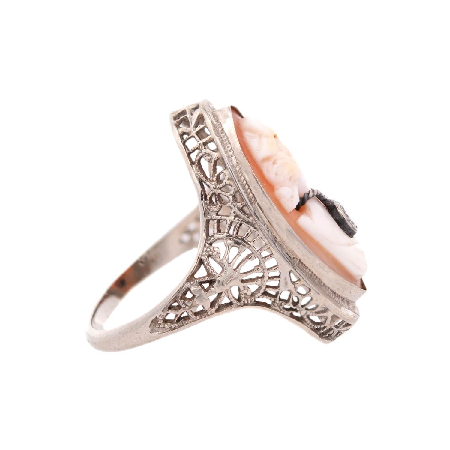 Art Deco 14K and Diamond Shell Cameo Ring